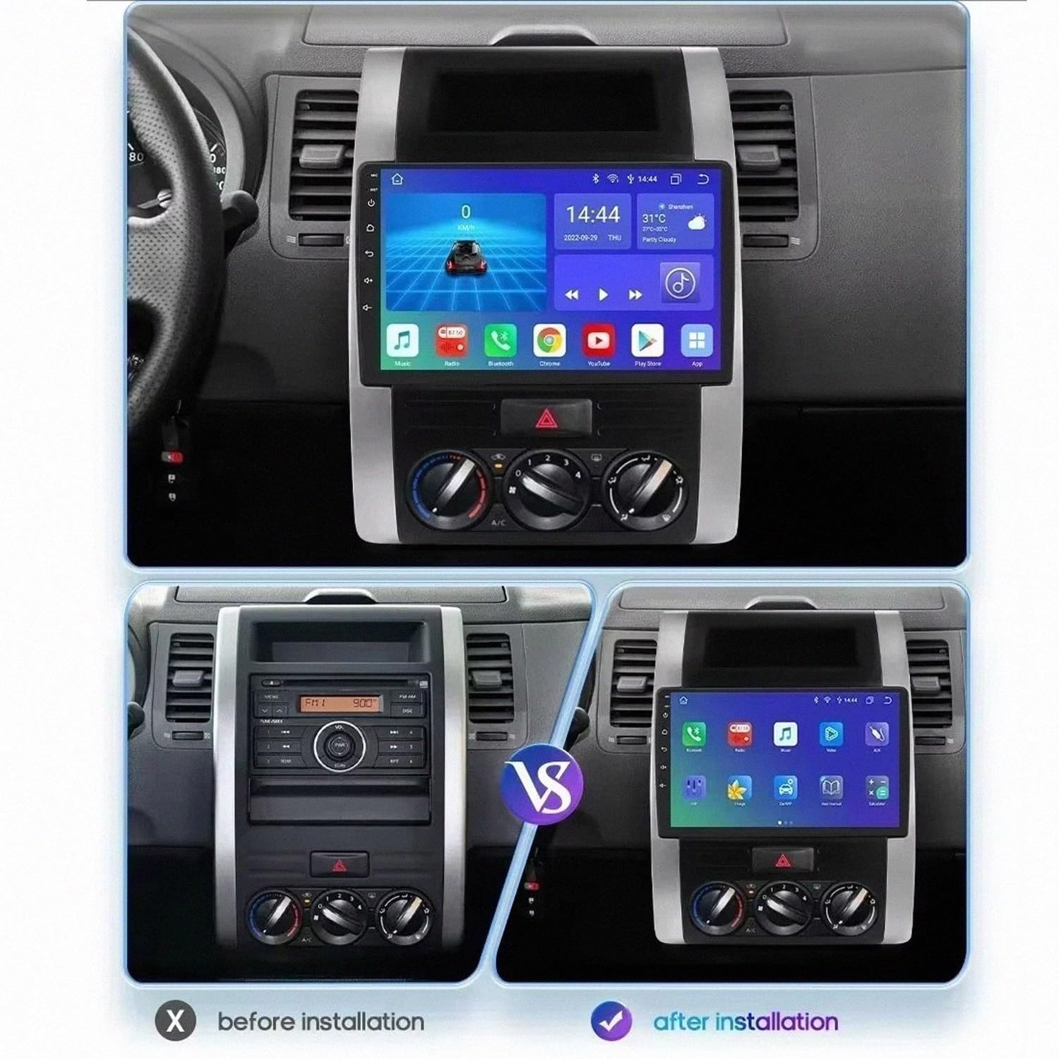 Radio Macchina Touch Screen per Nissan X-Trail X Trail 2 T31 2007-2015 Wireless Carplay Android Auto Stereo Auto Bluetooth Ips con Pantalla Táctil con Gps, 8 Nucleo 6G+128G