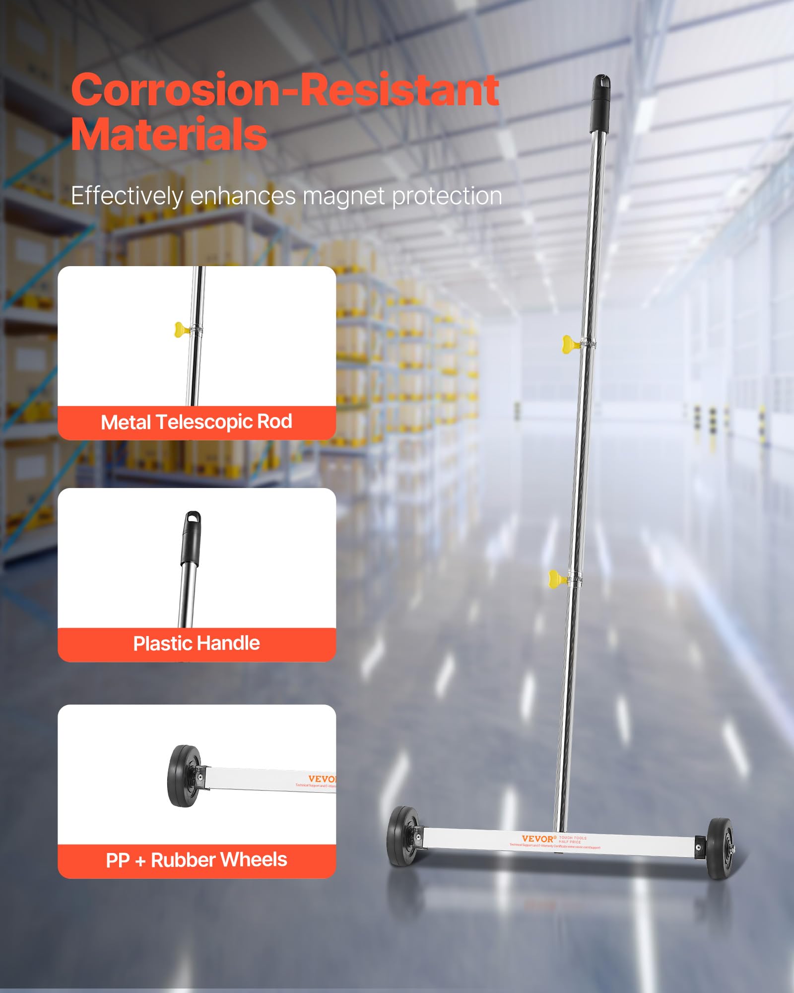 VEVOR Escoba Magnética con Ruedas, Capacidad de Carga de 4,5 kg, Mango Ajustable, para Recoger Clavos y Tornillos, Limpieza para Sitios de Construcción, Fábricas y Almacenes, 445 x 75 x 1040 mm