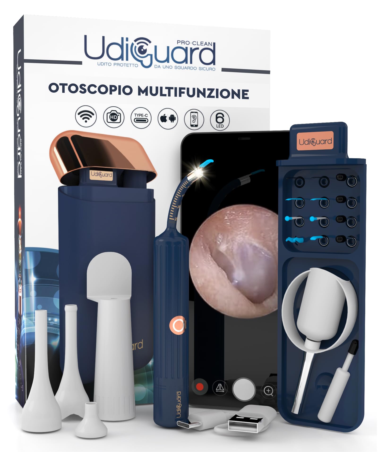 Otoscopio Pulizia Orecchie Multifunzione UdiGuard Pro-Clean - Versatile e Ideale per Pulizia e Rimozione del Cerume - Flessibile Impermeabile Digitale con Corpo in Silicone e Telecamera HD