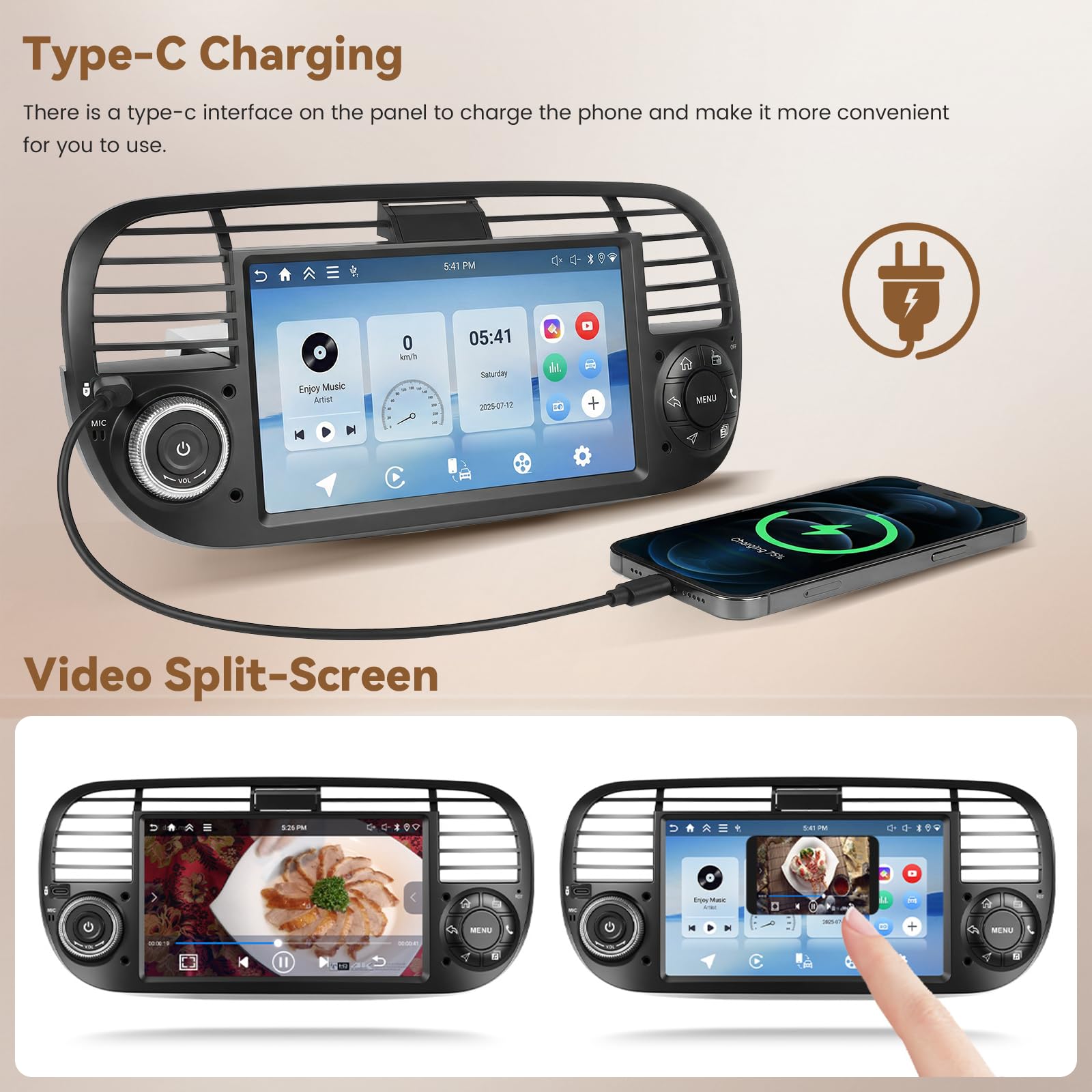 Radio samochodowe Android 15 4+64 GB dla FIAT 500 2007-2015 z ekranem dotykowym 7 Zoll IPS, radio samochodowe 2DIN z bezprzewodowym odtwarzaczem Carplay Android Auto, FM/RDS Radio BT GPS WiFi