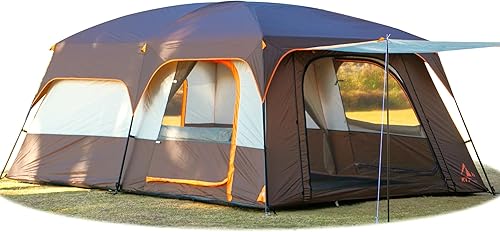 KTT Extra Large Tent 6-10-12-14 Person(A),Family Cabin Tents,2 Rooms,3 Doors and 3 Windows with Mesh,Straight Wall,Waterproof,Double Layer,Big Tent