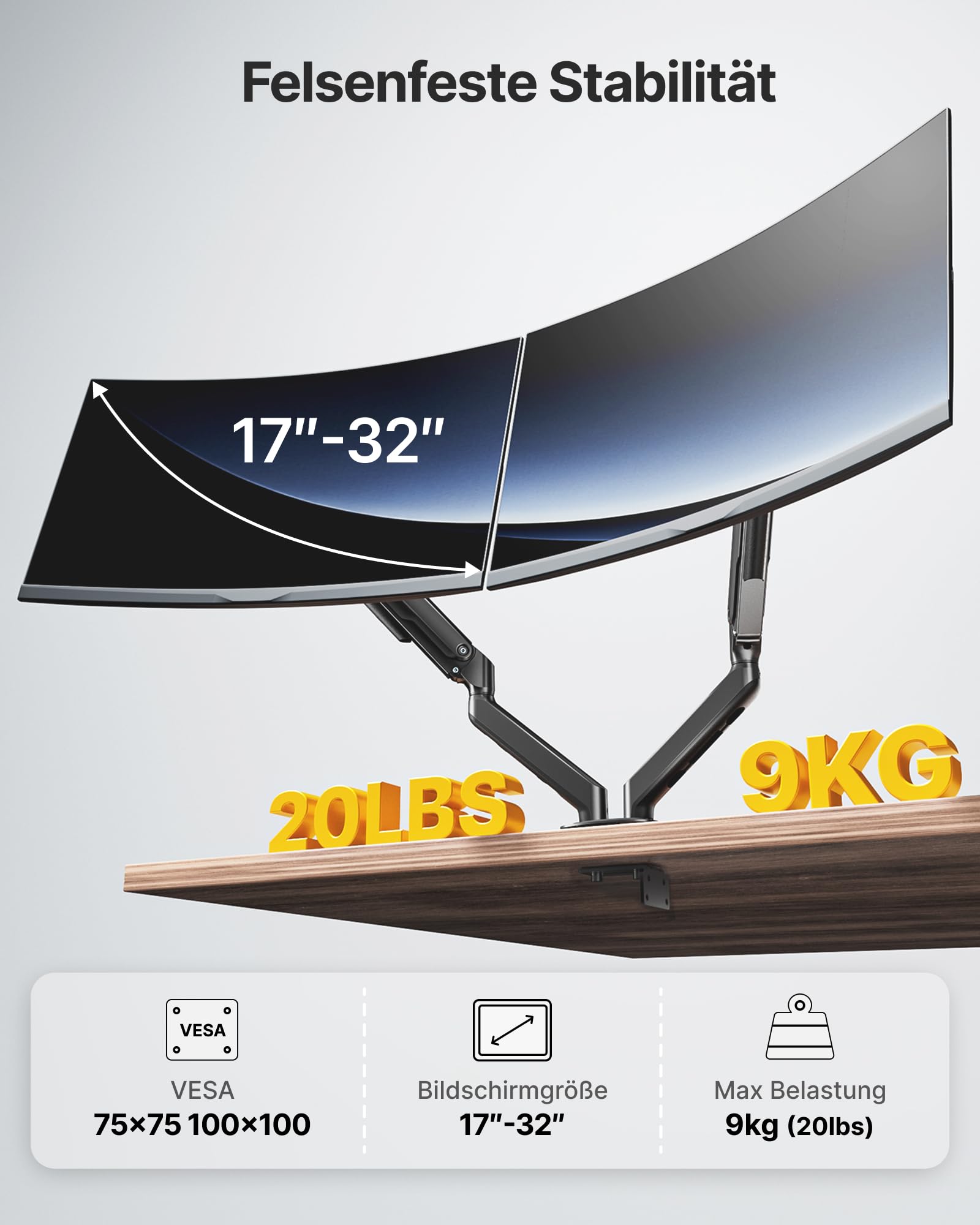 monTEK Soporte Monitor Doble 17 à 32", VESA75/100,Carga máx de 9Kg | Soporte Para Pantalla, Brazo Ajustable, Orientable, Inclinación de +90° a -45°, Fijación Mediante Abrazadera u Ojal