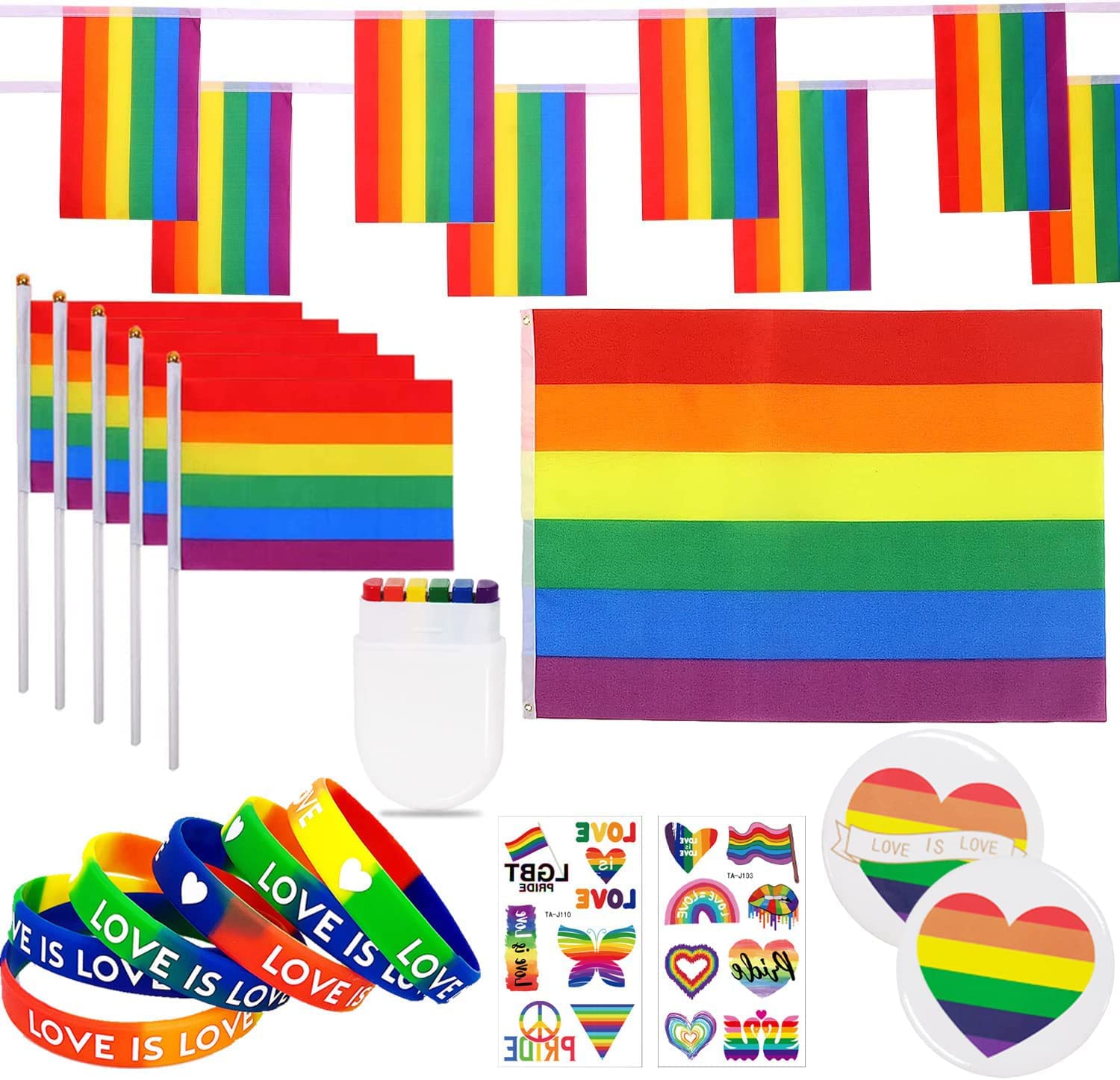 BOFYTR37 PCS Pride Decoration Set, Include Waterproof and Reusable Pride Flag 5ft x 3ft, Handheld Small Flags, Pride Bunting, Rainbow Gay Pride Sticker, Pride Bracelet and Pride Face Paint