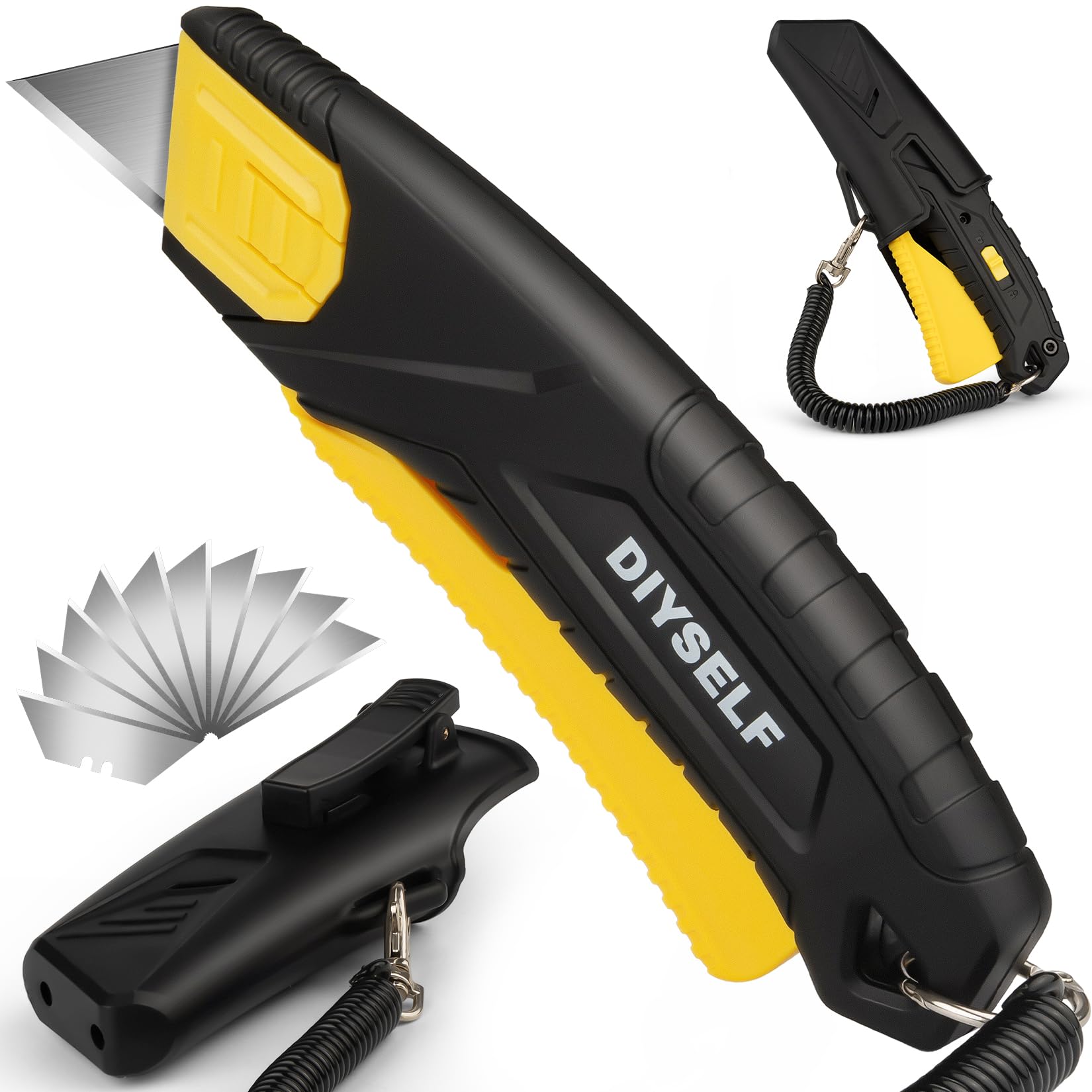 DIYSELF Self-Retracting Safety Box Cutter with Holster and 10 SK5 Blades | Non-slip utili…