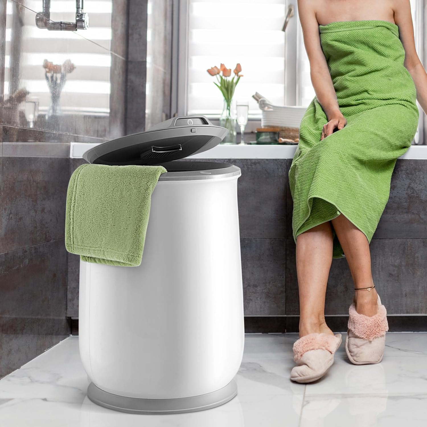 Tangkula Towel Warmer Bucket, 21L Towel Warmer with Flip-Top Lid, 1H Auto Shut Off, Fits up to 2 Oversized 45" x 70" Towels, Hot Towel Heater for Blankets, Bathrobes, with Safety Lock (Gray, 21L)