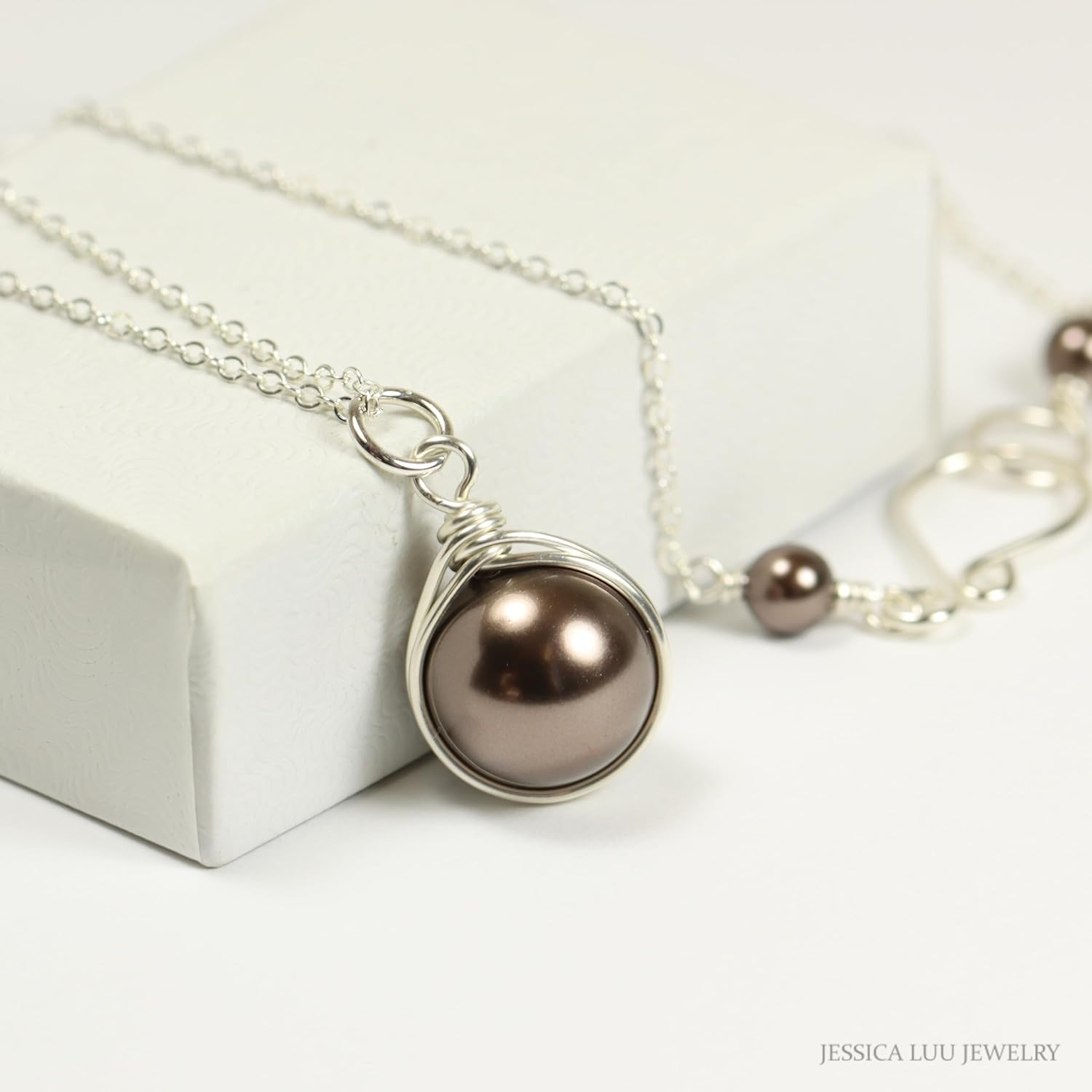Jessica Luu Jewelry Handmade Chocolate Brown Pearl Solitaire Necklace Sterling Silver or Gold Wire Wrapped