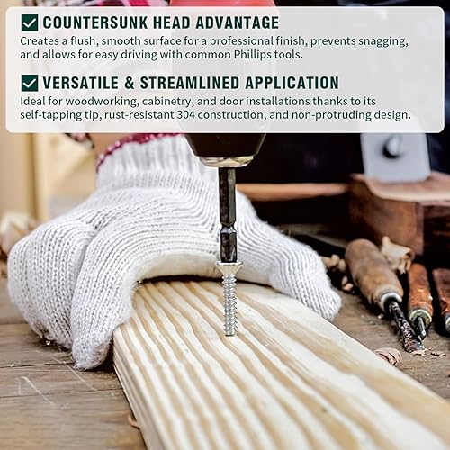 Miniatura 8 de Tornillos de chapa metálica de cabeza plana #4 x 14" (200 unidades), acero inoxidable 304 (18-8), Phillips Drive, tornillos autoroscantes,