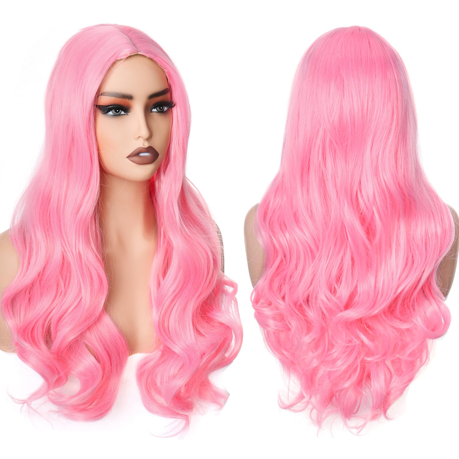 PORSMEER Wig Long PInk Curly Wavy Wigs for Women Ladies with Middle Part Cosplay Fancy Dress Wig Synthetic Heat Resistant Hair Wigs Long Replacement Hair (rosa)