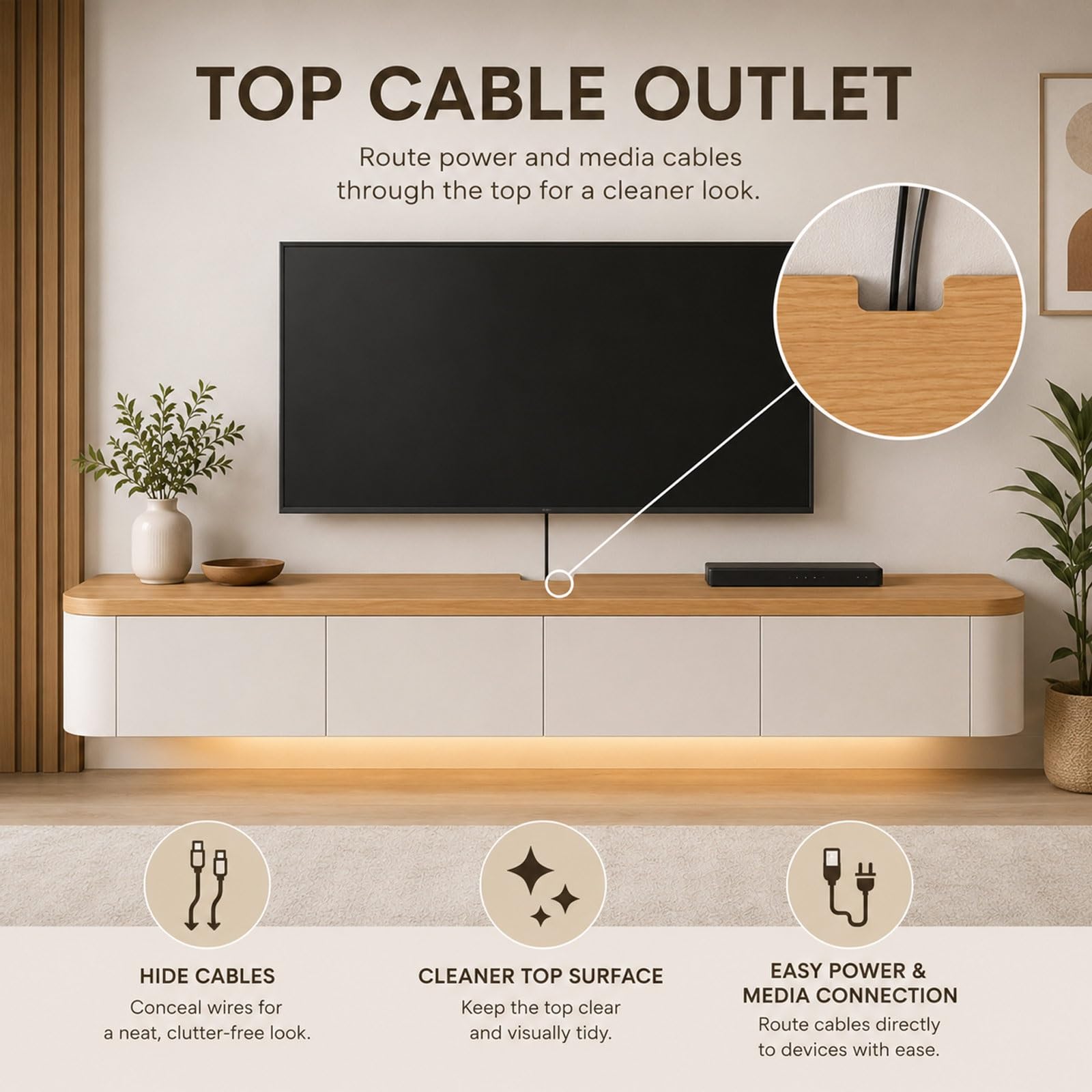 Mobile TV Sospeso Moderna Consolle Multimediale Da Parete Con Cassetti E Ante Ribaltabili, Mobile Porta TV Sospeso Con Passacavi Nascosti Per Salotto Camera Ingresso Studio(Wooden white,94.5in/2.4m)