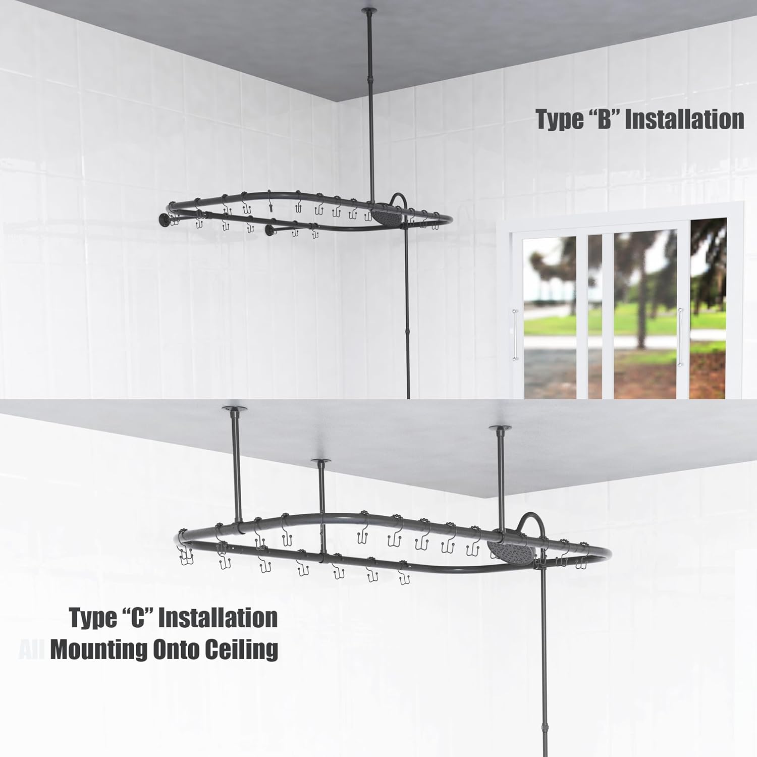 Clawfoot Tub Shower Kit,with Add On Bathcock Diverter Faucet and 48 Inch x 27 Inch Rectangular Rod Kit,Claw Foot Tub Shower Faucet Set, Matte Black