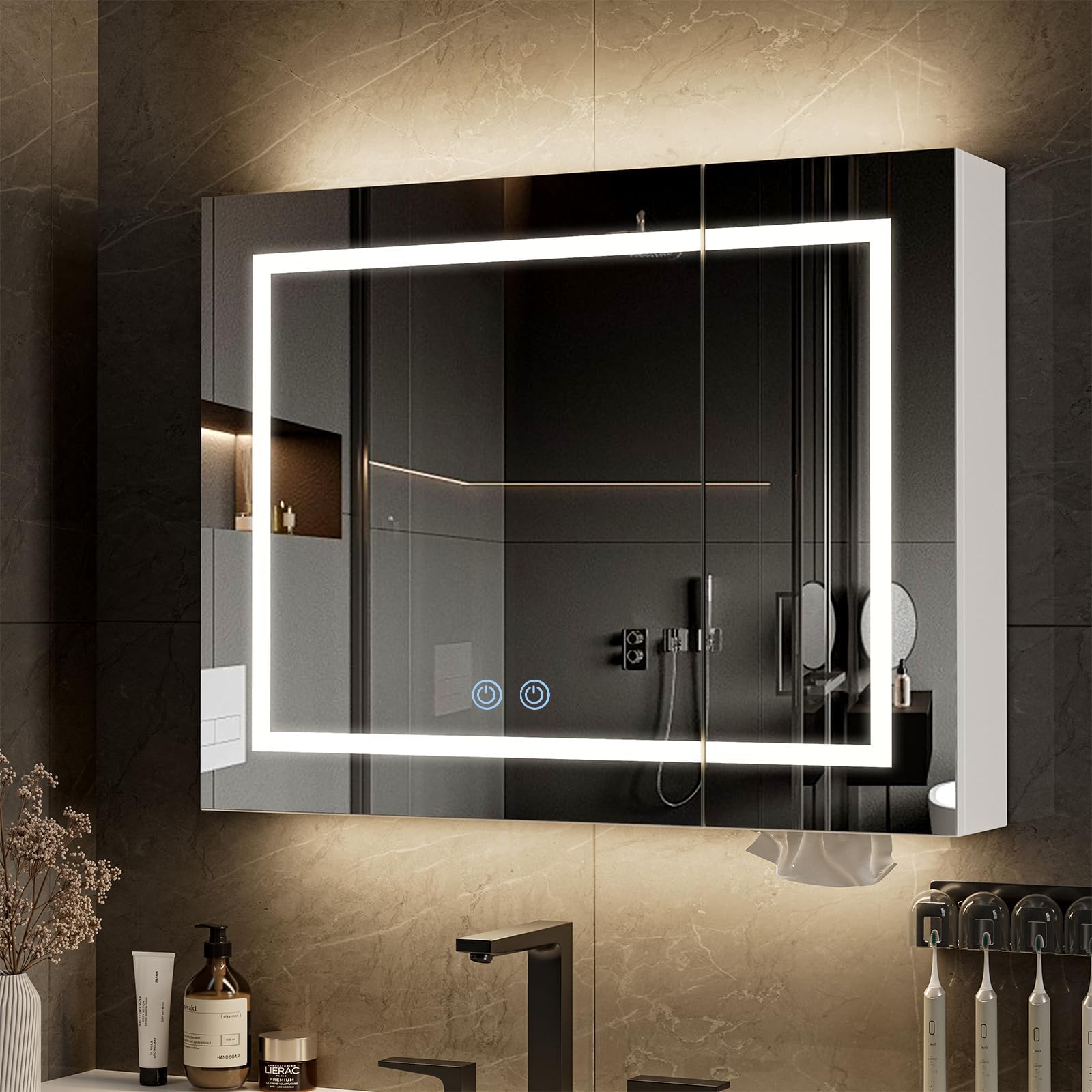 Belandi LED Bathroom Cabinet with Mirror, 80 x 62 cm Medicine Mirror Cabinet with 3-Color LED Lights, Defogger, Dimmer, 3-Adjustable Shelves Storage Cabinet with Vertical Backlight, 2 Door, White