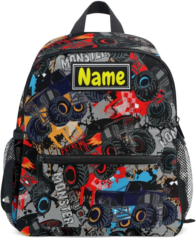 Custom Kids Backpack for Boys Girls, Monster Truck Camo Toddler Backpack Kindergarten Elementary, Personalized Name Preschool Bookbag with Chest Strap