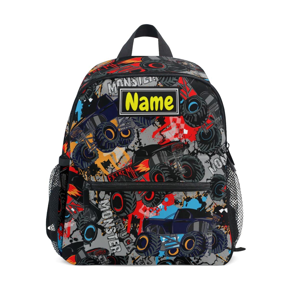 Custom Kids Backpack for Boys Girls, Monster Truck Camo Toddler Backpack Kindergarten Elementary, Personalized Name Preschool Bookbag with Chest Strap