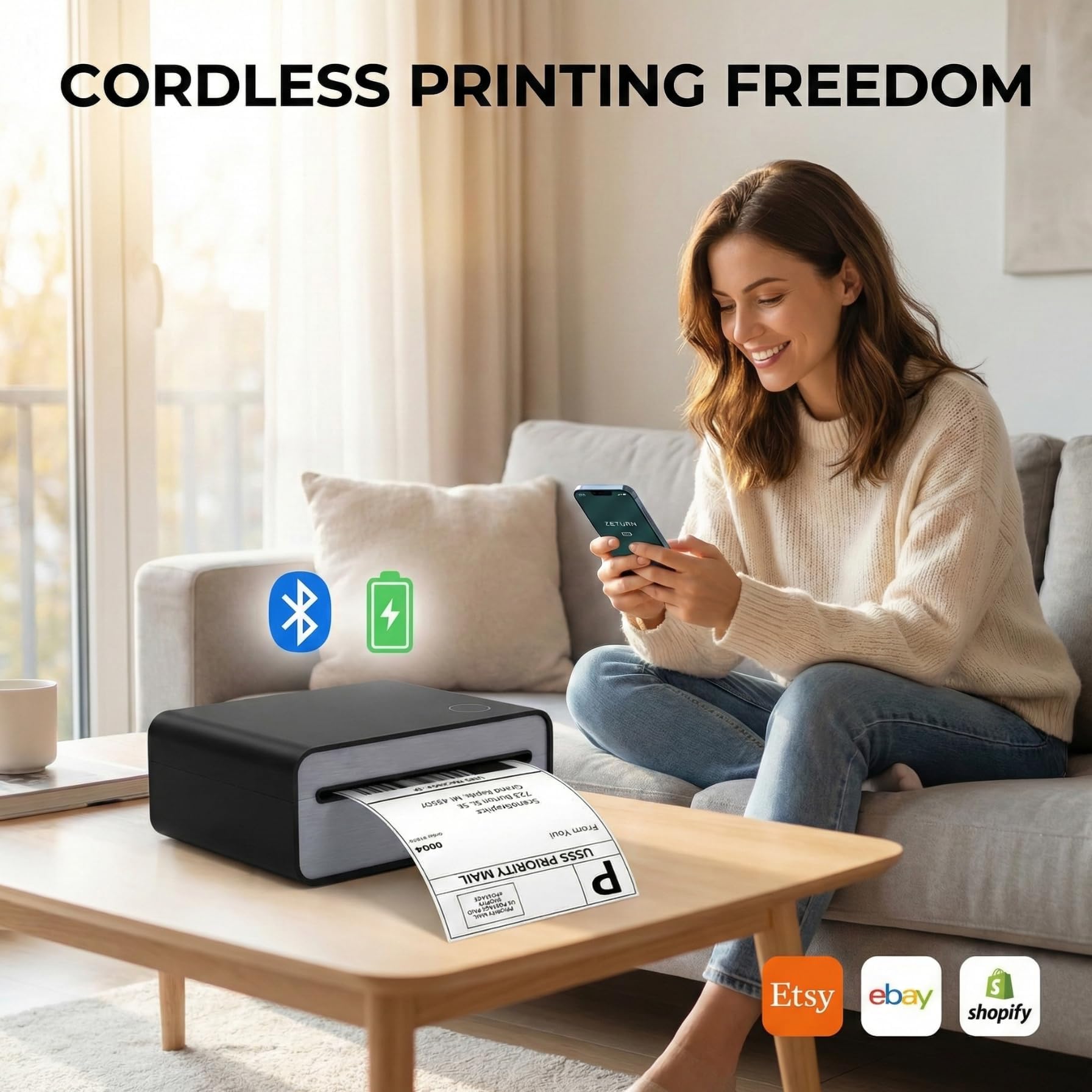 4x6 Thermal Shipping Label Printer - Wireless Bluetooth, Rechargeable Battery, No Ink Needed - for iPhone, Android, Home — view 2