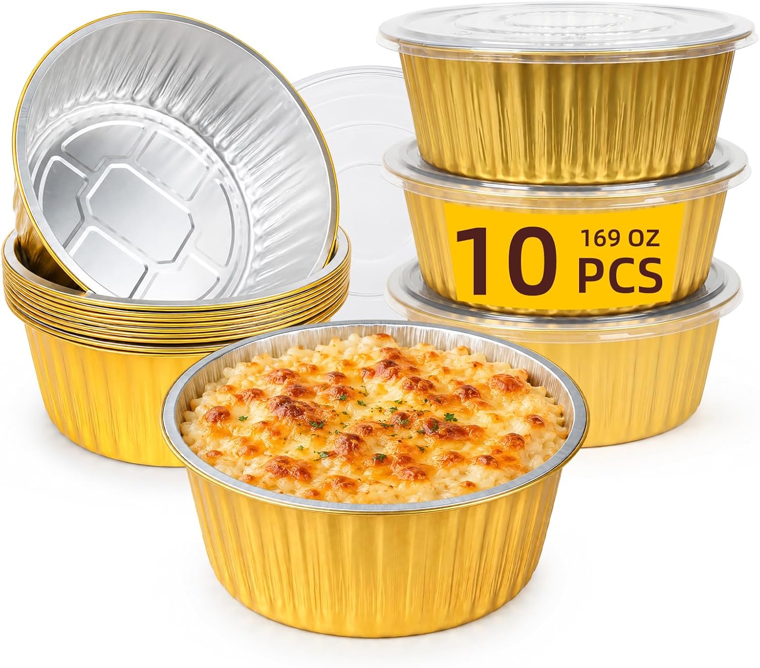 11" Deep Round Aluminum Foil Pans, 10 Pack, 169oz