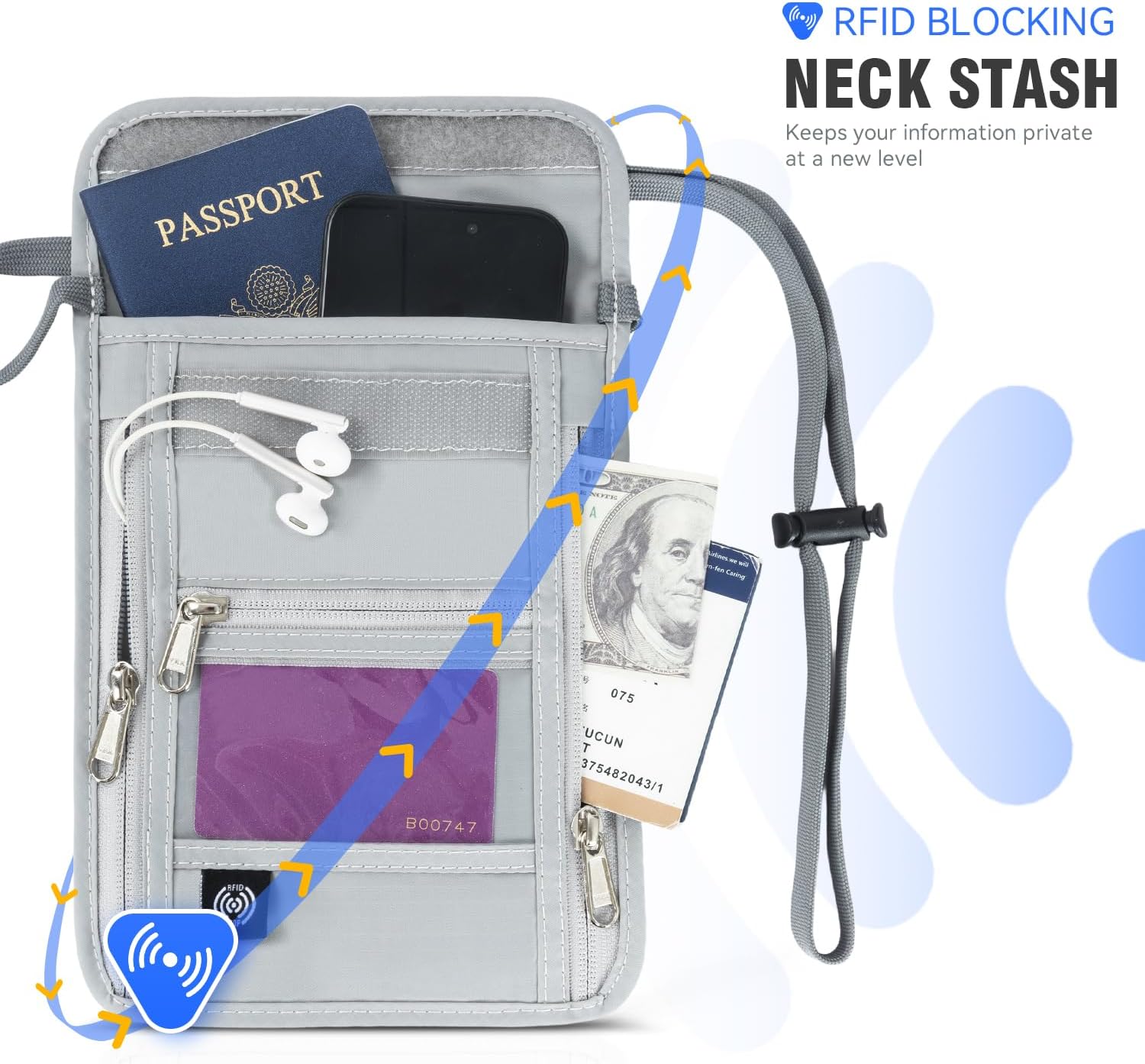 Voyager Neck Wallet – RFID Blocking Passport Holder for Travel, Slim Lightweight Hidden Neck Pouch with 5 Compartments, Adjustable 22” Strap,Splash-Resistant Travel Wallet for Cash, Cards & ID - Image 6