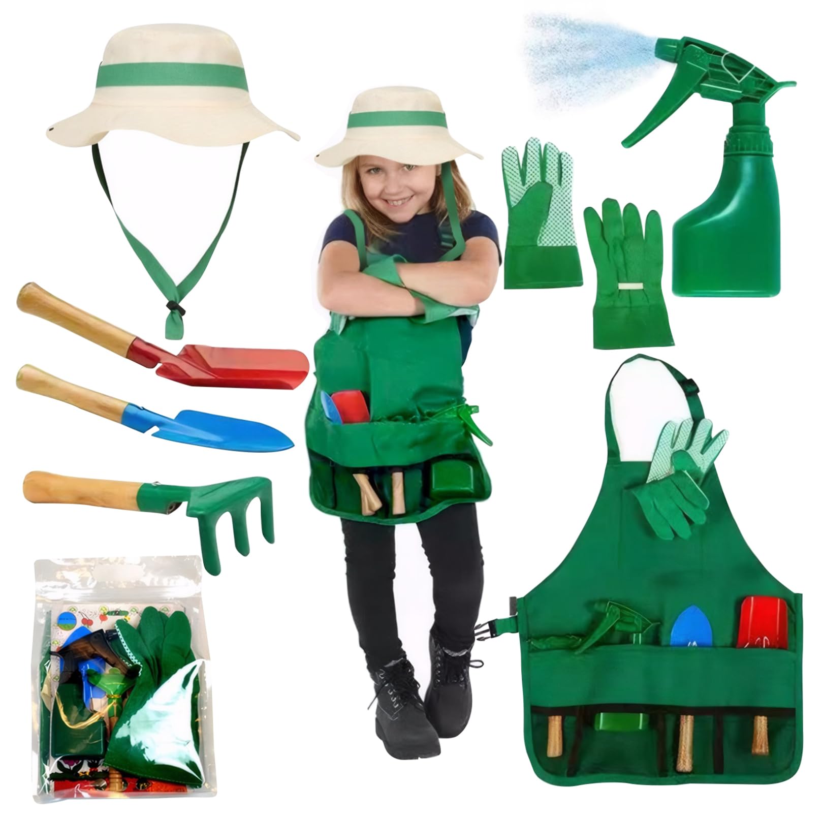 Juego de jardinería para niños pequeños, Juego de jardinería para niños 7pcs con Sombrero de Sol, Delantal, Guantes y Herramientas de jardín, Kit para para para