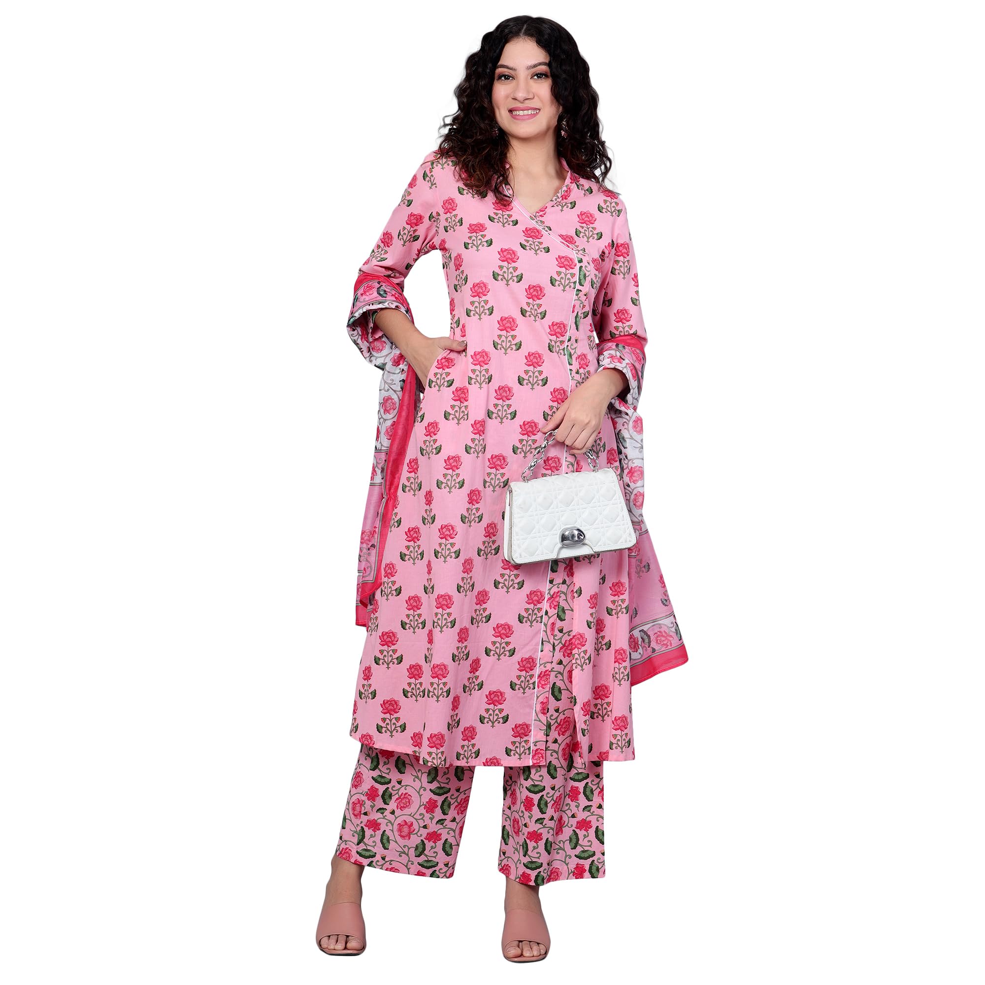 idalia Women’s Pink Floral Printed Cotton Kurta Pant Set with Dupatta | Straight Fit | V Slit-Neck | 3/4 Sleeves Ethnic Suit-picture-1