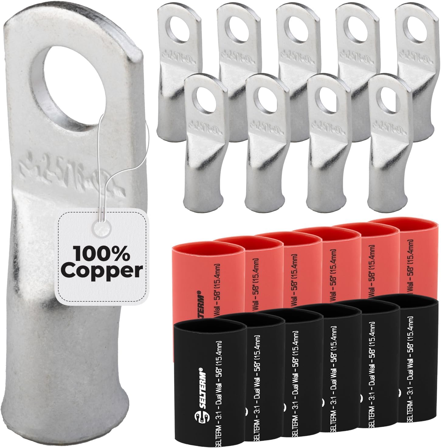 SELTERM 10pcs - 2 Awg - 5/16" Stud - Battery Lugs - Ring Terminal Connectors | with 12pcs 3:1 Black & Red Heat Shrink Tubing with Adhesive | Heavy Duty Battery Cable Ends - Tinned Copper Wire Lugs Kit