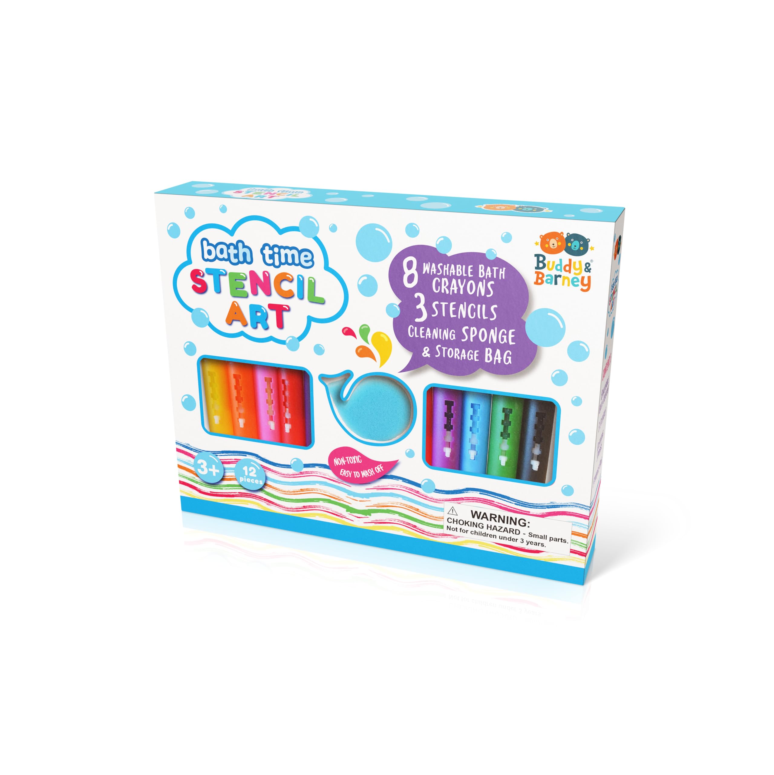 Buddy & Barney Bath Time Stencil Art Set - washable crayons, sponge and storage included, fragrance free and nontoxic, multicoloured stencils, draws on tiles and tubs, toddler bath toys