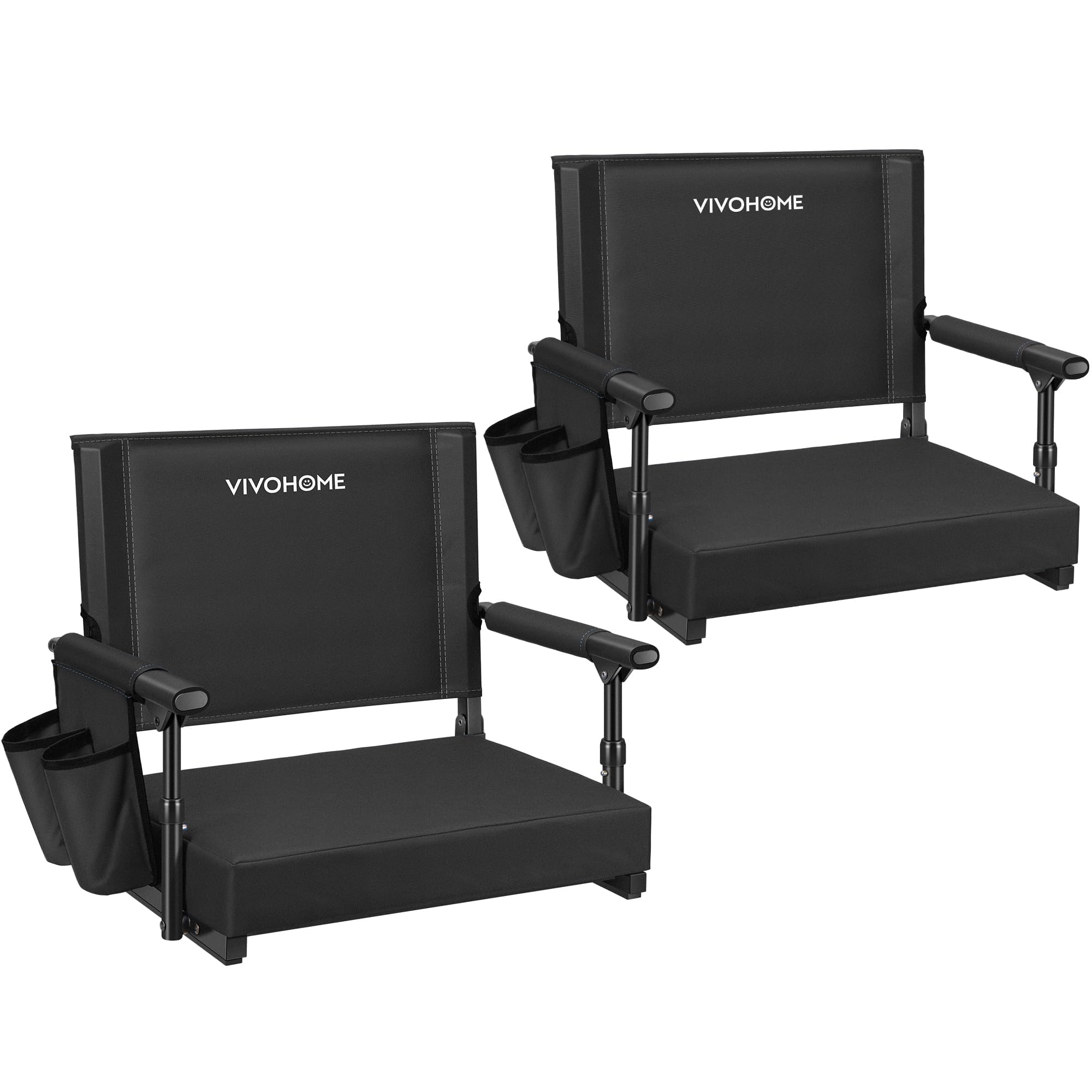 VIVOHOME Stadium Seats with Back Support and Cushion, 2 Pack Portable Bleacher Chairs with Cup Holder and Shoulder Strap, Black