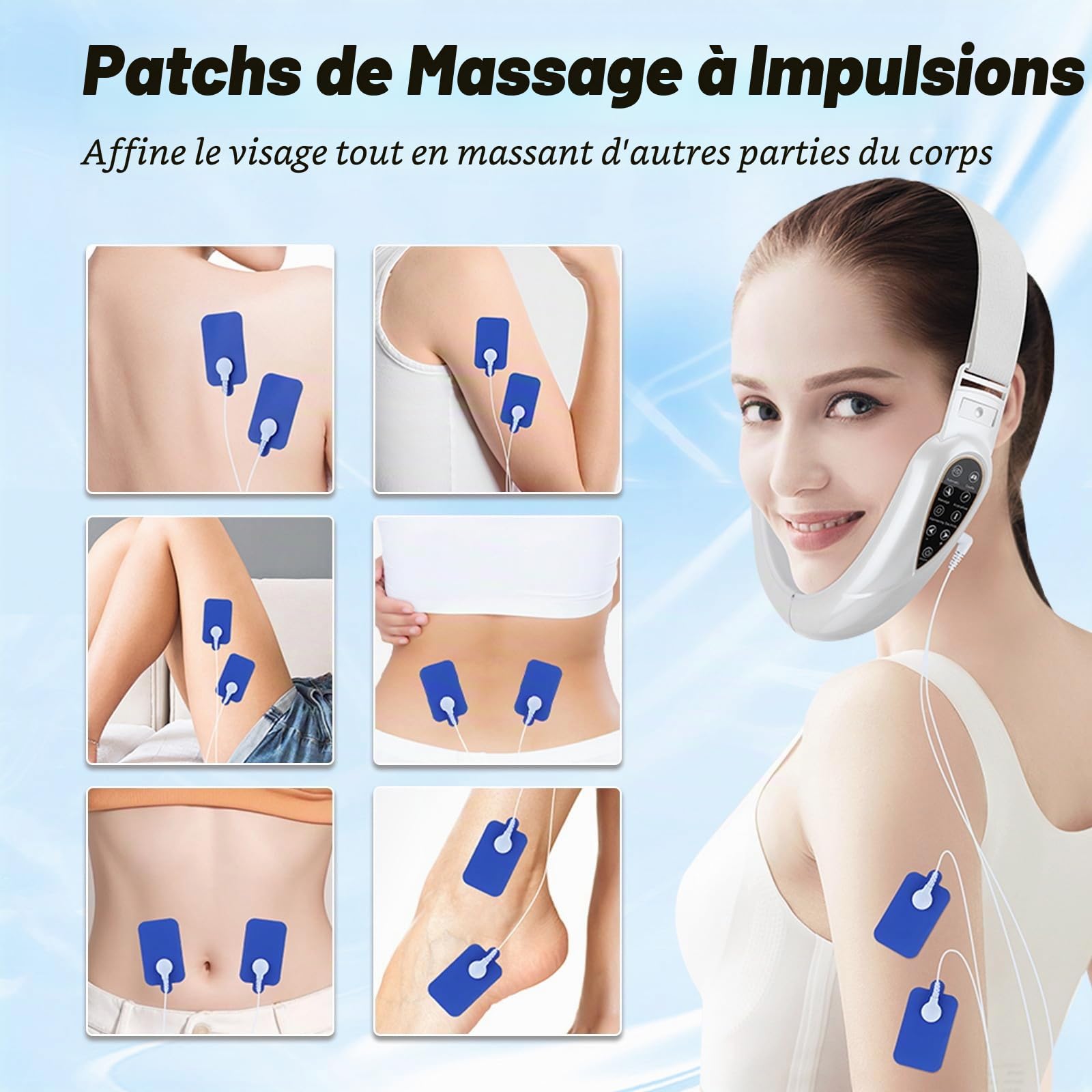 Appareil Massage Facial V-Face, Masseur Facial Électrique EMS, 5 Modes 15 Intensités, Contouring du Visage et de la Mâchoire, Design Pliable (Blanc)