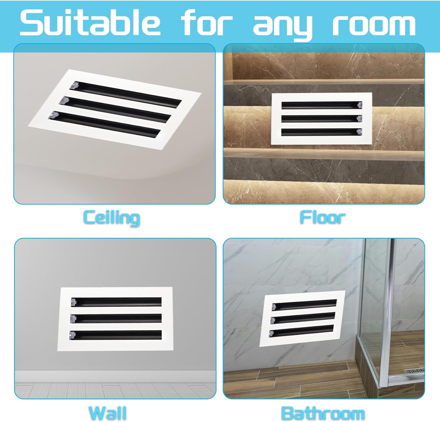 10x6 Modern AC Vent Cover, Standard Three Slot Linear Diffuser, White All Aluminum, Decorative Air Vent for Ceilings, Walls, or Non-Weight-Bearing Floor, Quiet, Adjustable Airflow, 5 Year Warranty