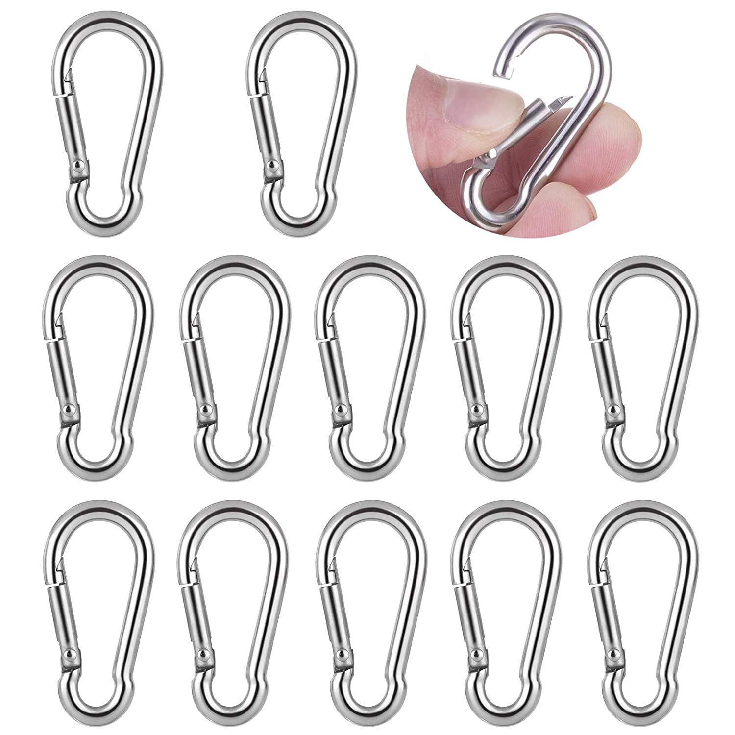 DELFINO M4 Carabiner Clip Hook, Heavy Duty Spring Snap, Small Stainless Steel Ring for Camping Fishing Hiking Traveling Climbing, Quick Link for Hammock, Key, Backpack, Dog Leash, Rope, Boat (12PCS)