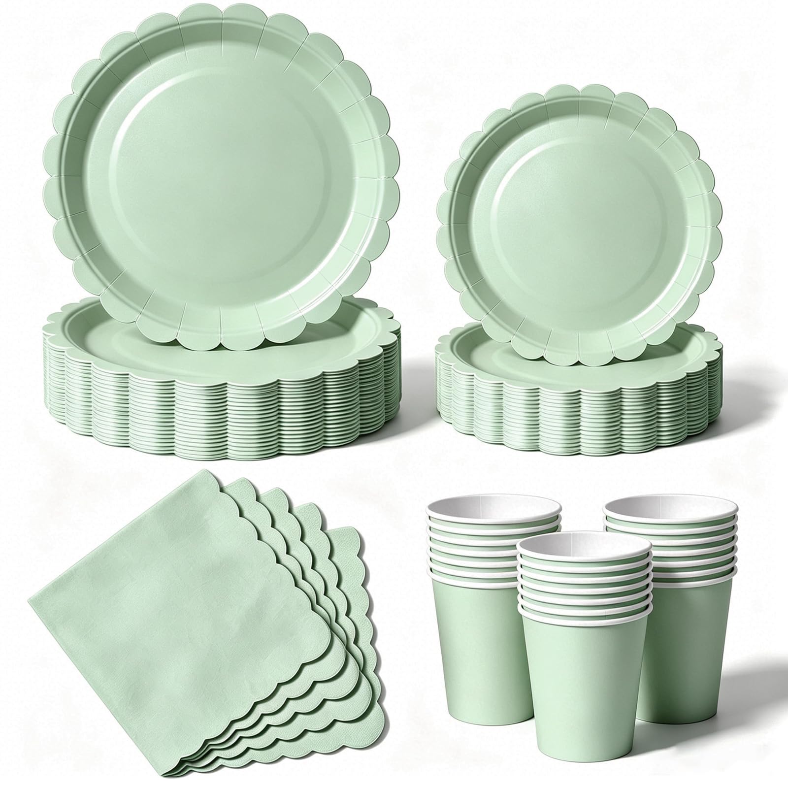 Nkaiso 50 Pcs Sage Green Scalloped Paper Plates and Napkins Set for 10