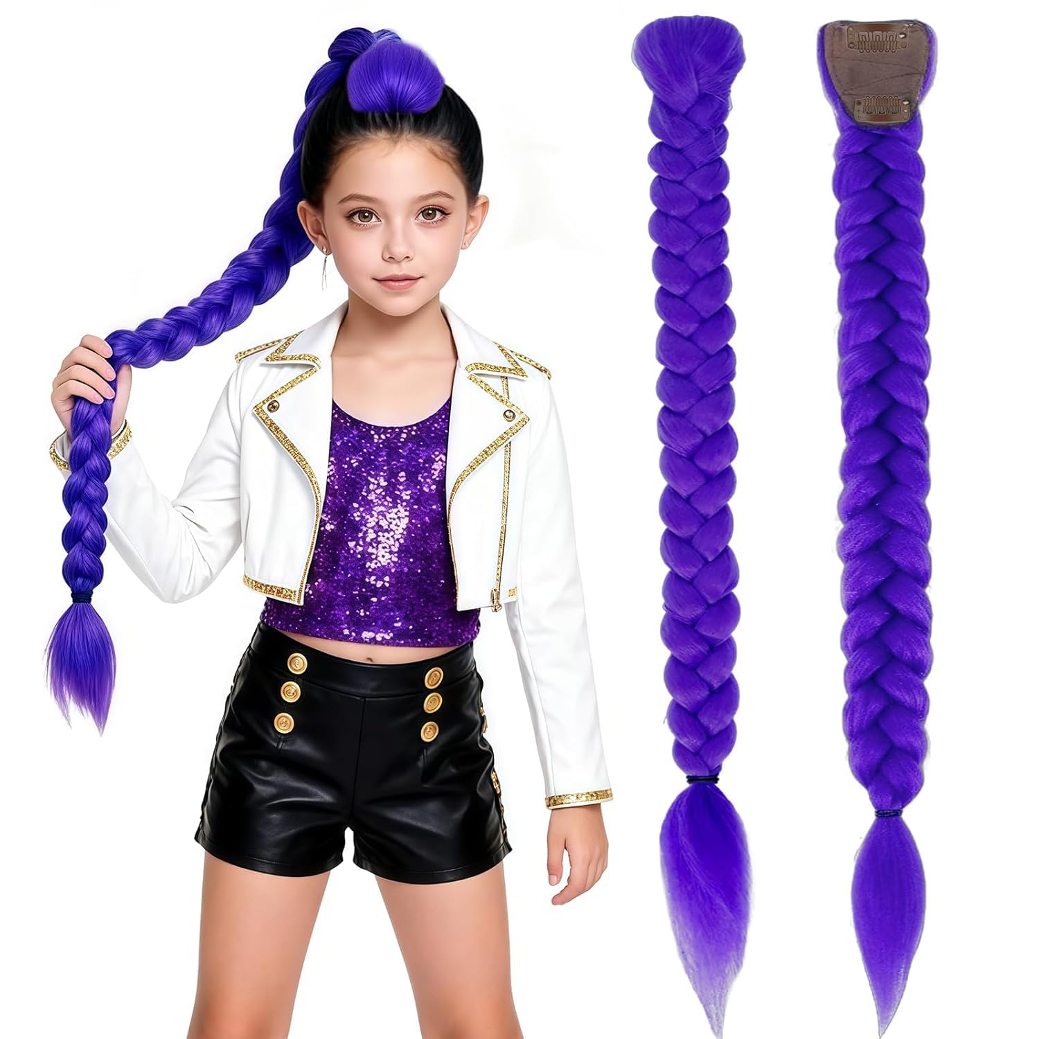 STRUKTURPASTE Rumi Kostüm Kinder, 60cm K-Pop Dämonenjäger Lila Perücke mit Zöpfen, Hitzebeständige Synthetikfaser, Realistische Cosplay-Requisite für Damen und Herren, Halloween, Weihnachten