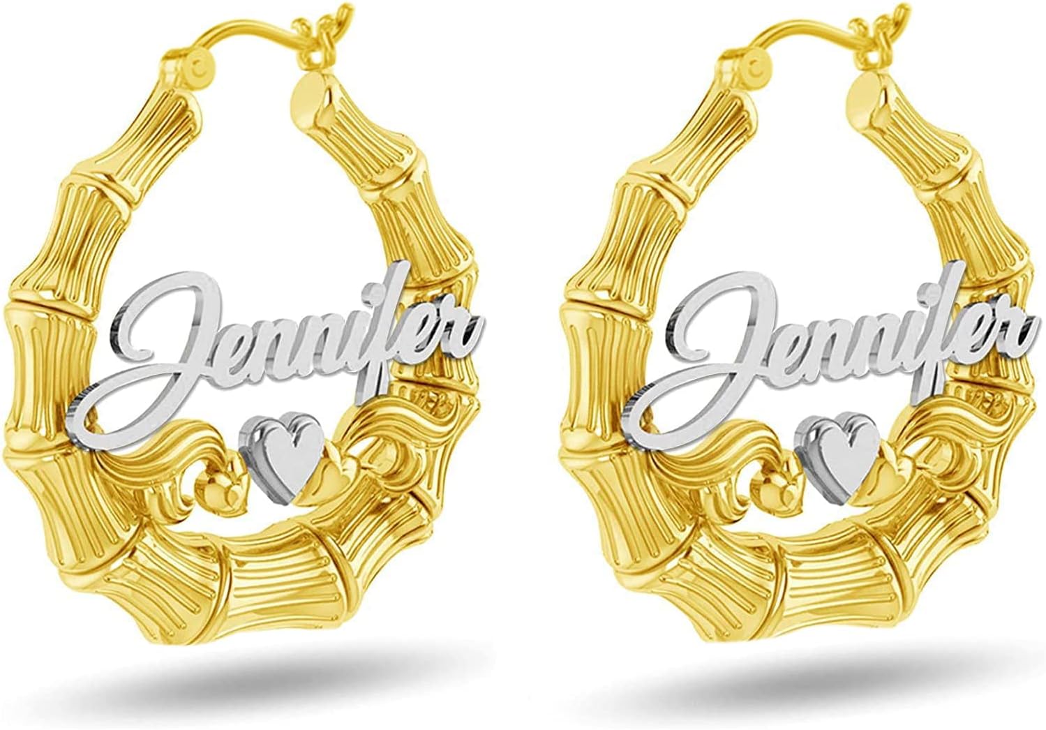 LeCalla 925 Sterling Silver Customized Bamboo Heart Hoop Earrings | Two Tone Bamboo Name Hoops Earrings for Women 30,40,50mm