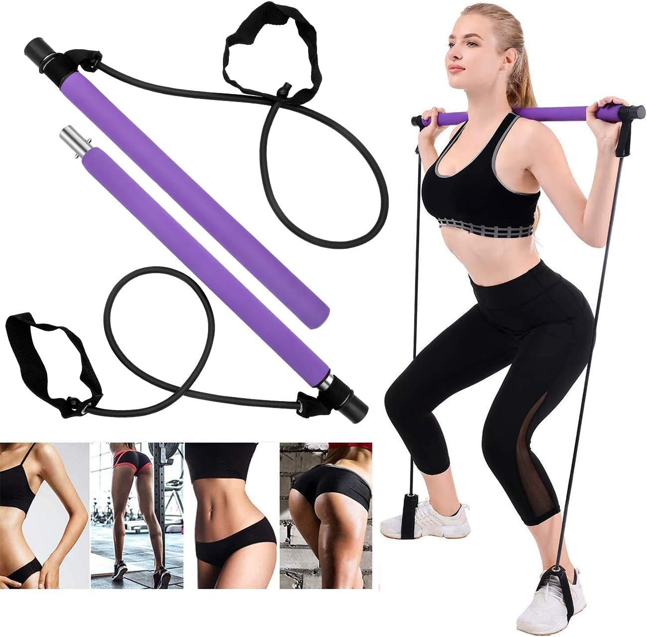 OZMI Portable Pilates Bar Kit with Exercise Resistance Band, Exercise Pilates Bar with Foot Loop Toning Bar for Home Gym Workout, Total Body Workout, Yoga, Fitness, Stretch, Sculpt (Purple)