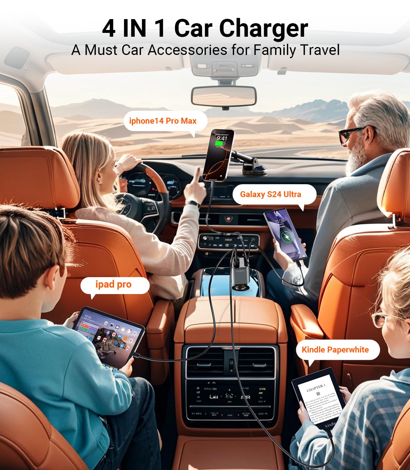 4 EN 1 Cargador Coche USB C, 69W Cargador Mechero Coche【180° Plegable】 Car Charger Adaptador Móvil Coche con 2 Cables Retráctiles para iPhone 16/15/Samsung S25/S24/iPad/GPS