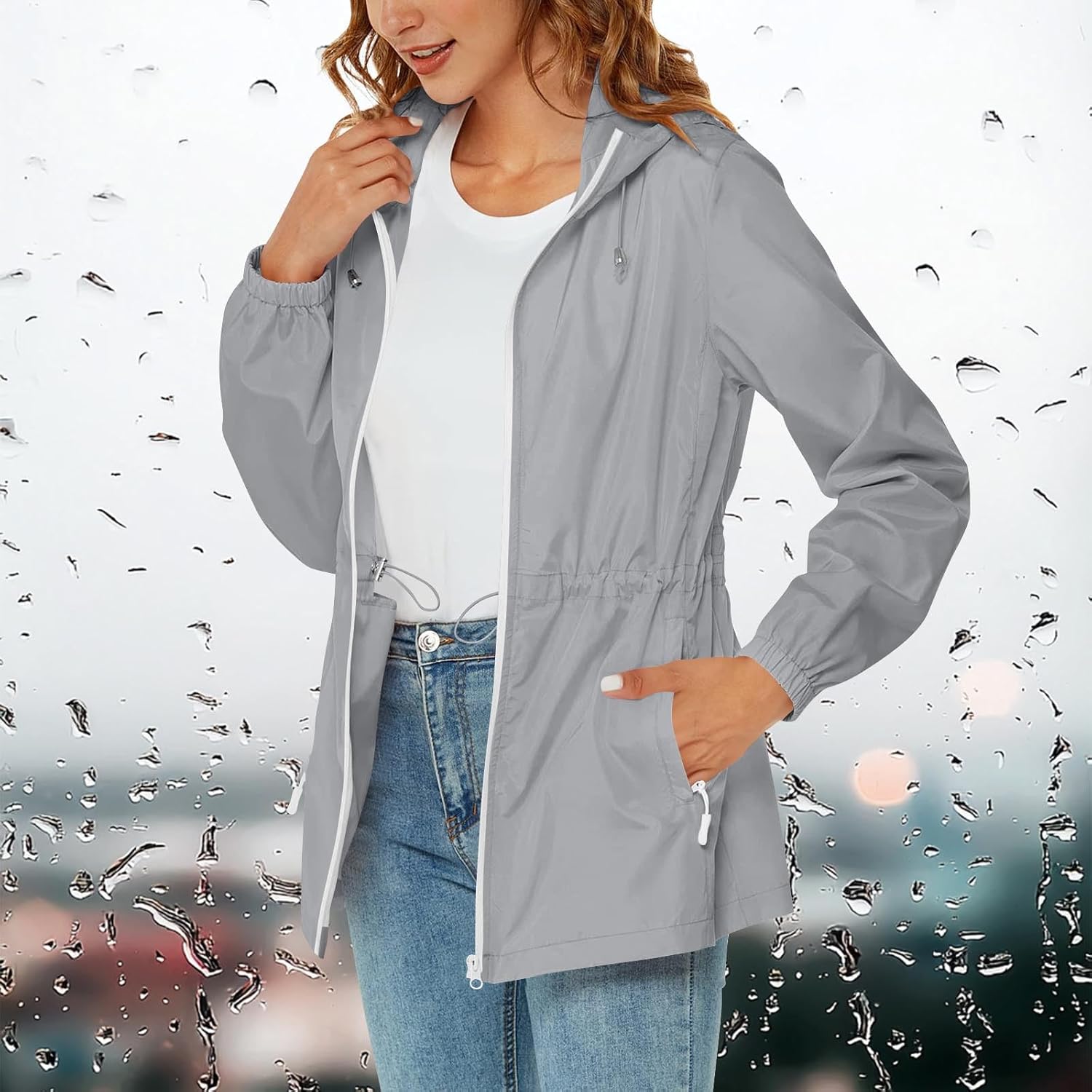 Womens Rain Jacket With Hood Packable Lightweight Waterproof Raincoat Windbreaker Jackets with Pockets