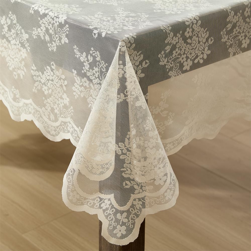 HLC.ME Jolene - Mantel de Tela de Encaje Floral para mesas rectangulares, Resistente a Las Arrugas, Mantel Festoneado Estampado (60 Pulgadas de Ancho x 104 Pulgadas de Largo, Lino Gris Pardo)