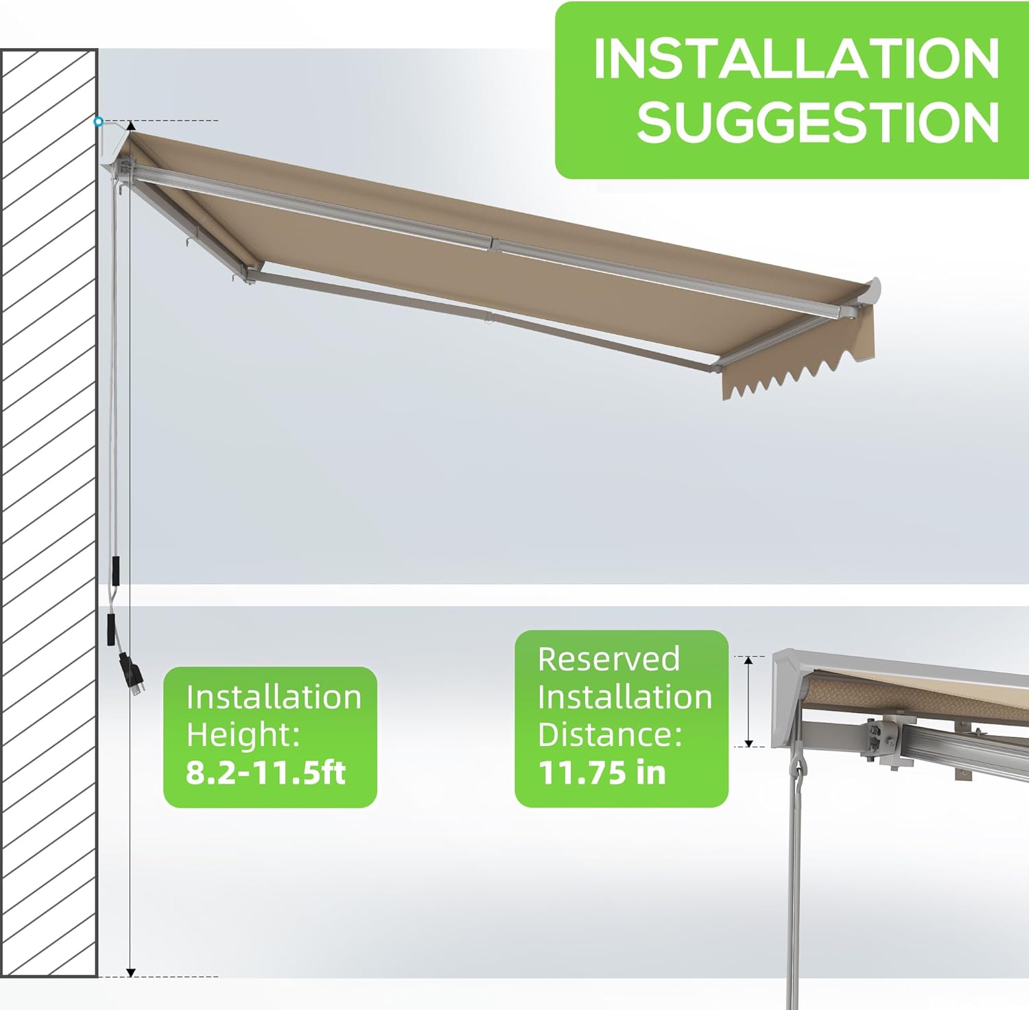 Diagram showing recommended installation height and reserved installation distance for the awning