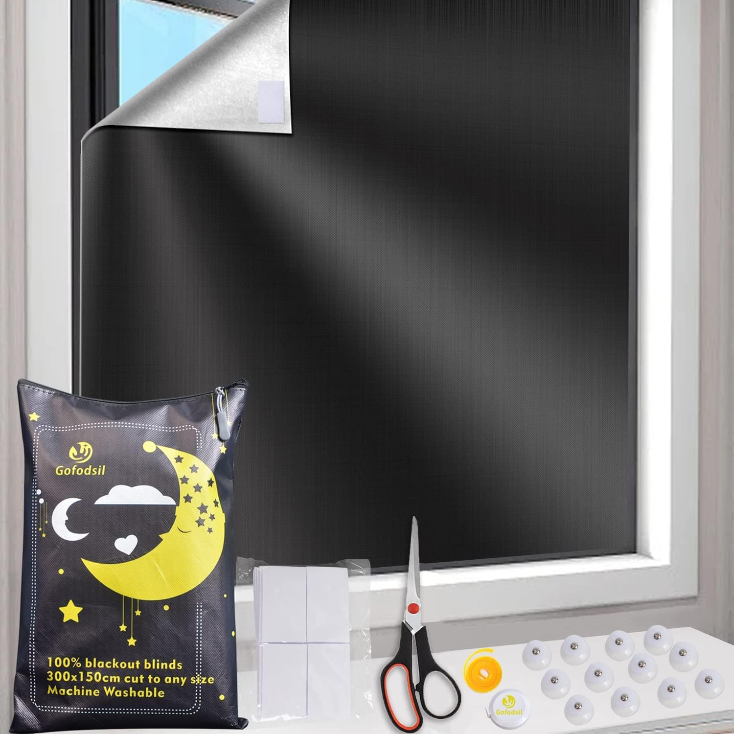 Gofodsil Portable Blackout Curtain 300 x 150 cm, Window Blackout Cut to the Required Size for Bedroom Children's Room, Travel