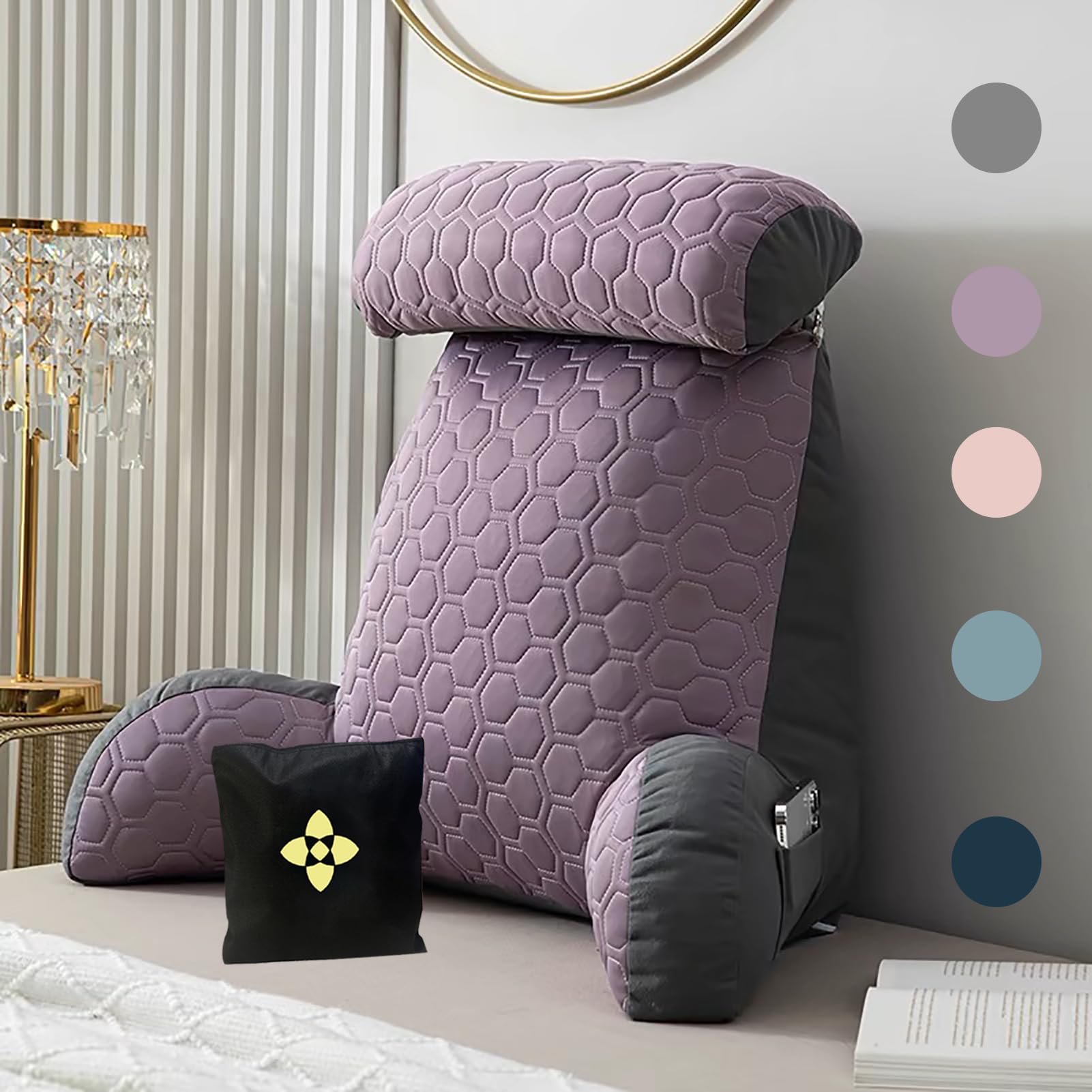CCTSA Therapeutic Back Support Reading Pillow for Bed, Reading Pillow/Lumbar Support Cushion with Armrest, Bed Seat Relax Pillow with Washable Cover and Pouch, Great as Backrest for Books or Gaming