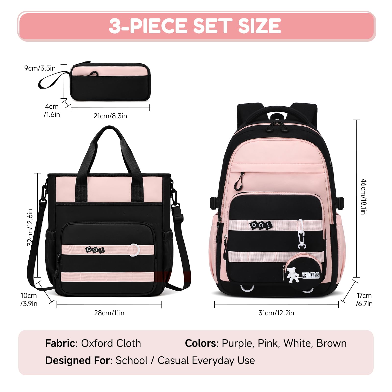 Amythe Mochila Escolar para Niñas Adolescentes 3 Piezas - Set Colegio Secundaria (Mochila Grande Chicas+Bandolera+Estuche) - Impermeable Ligera - Edad 11-18 Años -Rosa
