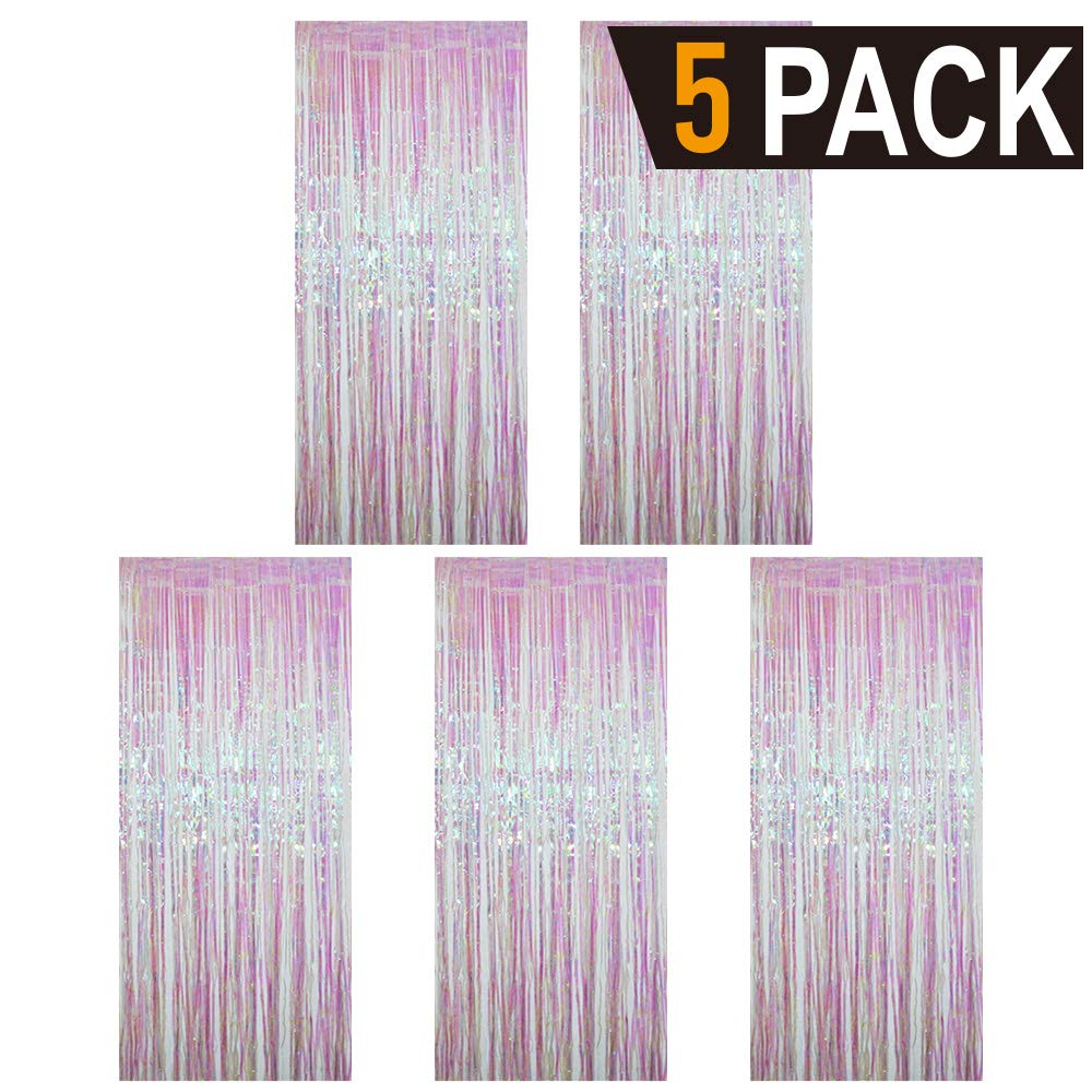 GOER 3.2 ft x 9.8 ft Metallic Tinsel Foil Fringe Curtains Party Photo Backdrop Party Streamers for Birthday,Graduation,New Year Eve Decorations Wedding Decor (Iridescent,5 pcs)
