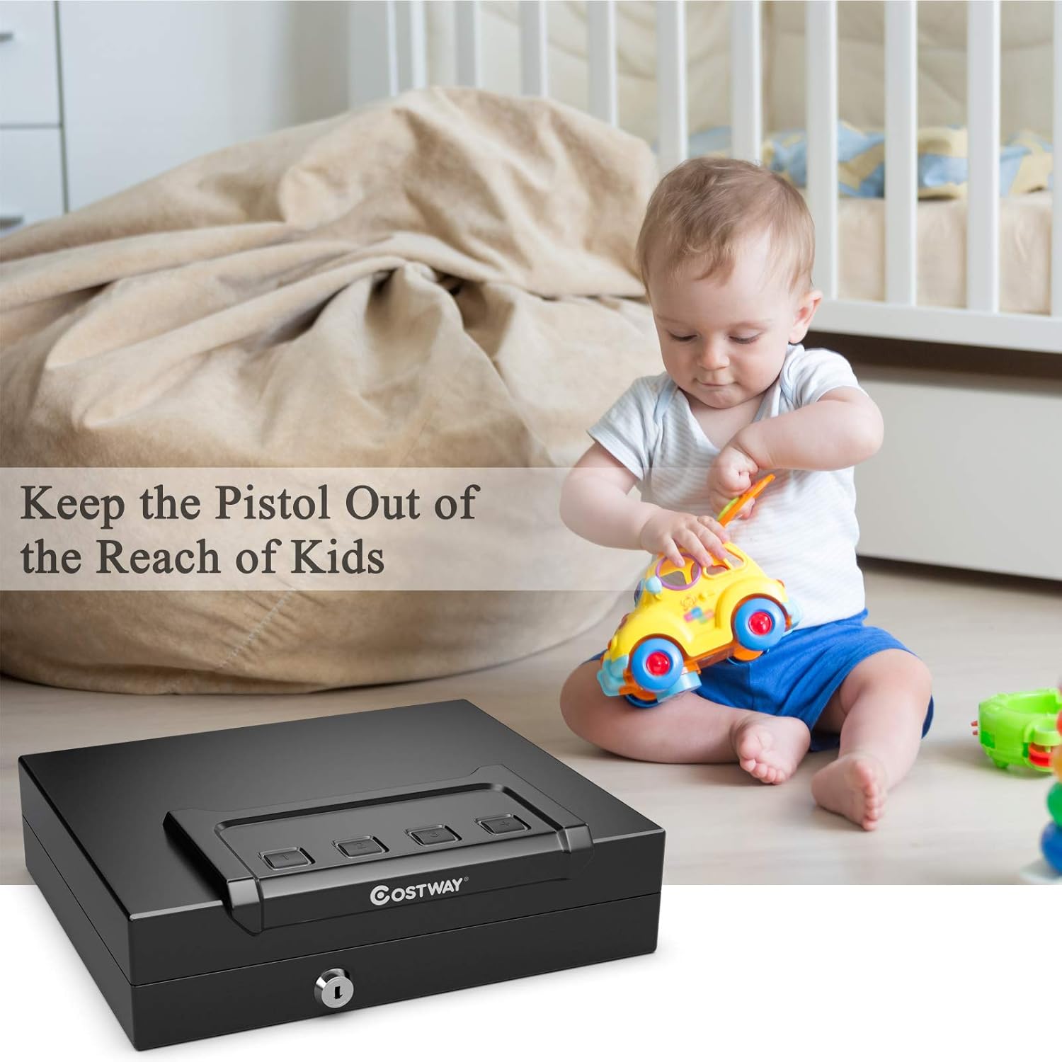 COSTWAY Handgun Safe on the floor with a baby playing in the background, emphasizing child safety.