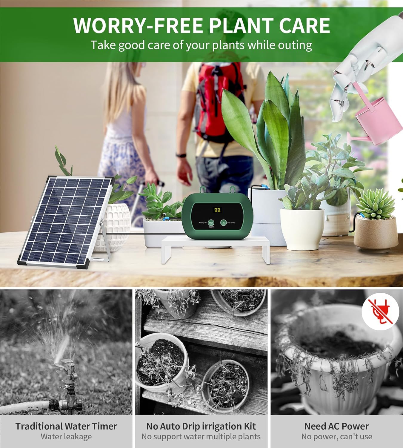 Sistema di irrigazione solare con 300 modalità, set di irrigazione a goccia automatico con tubo da 30 m, sistema di irrigazione solare per piante, giardino, balcone, serra e piante in vaso