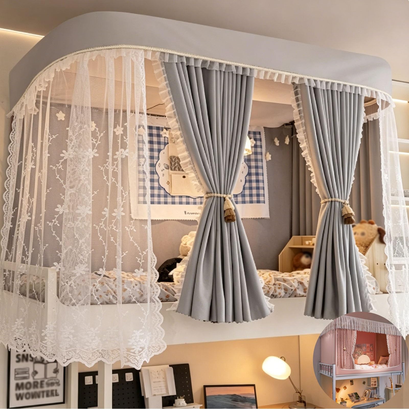 Dosel plegable para cama con rieles deslizantes de doble capa tamaño grande hasta el suelo modelo A