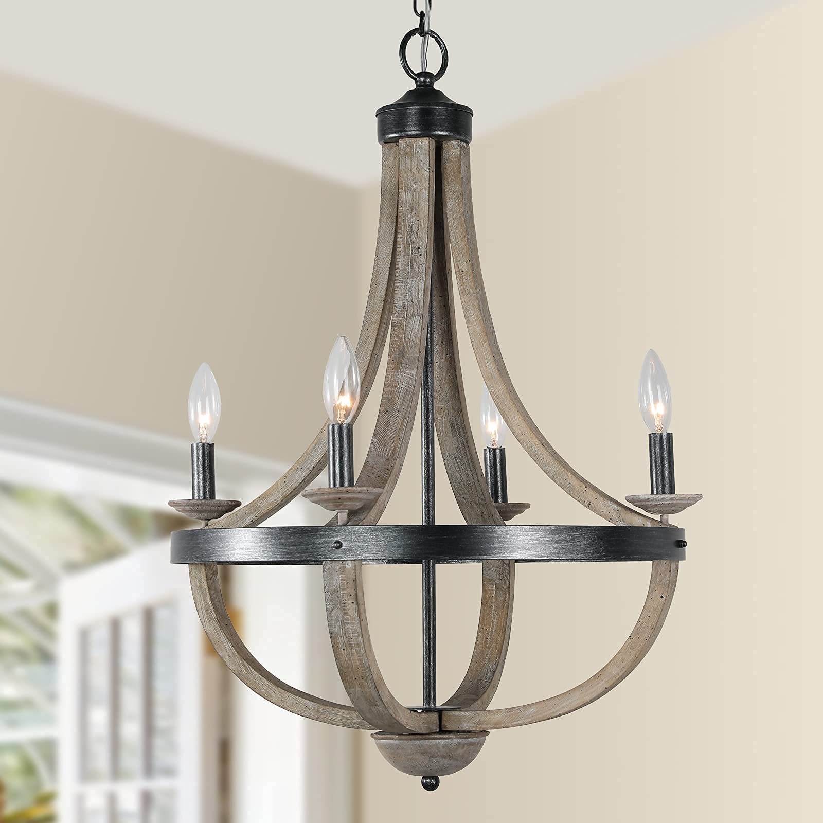 Buy 28" Wood French Country Chandelier for Dining Room, 4 Light Orb