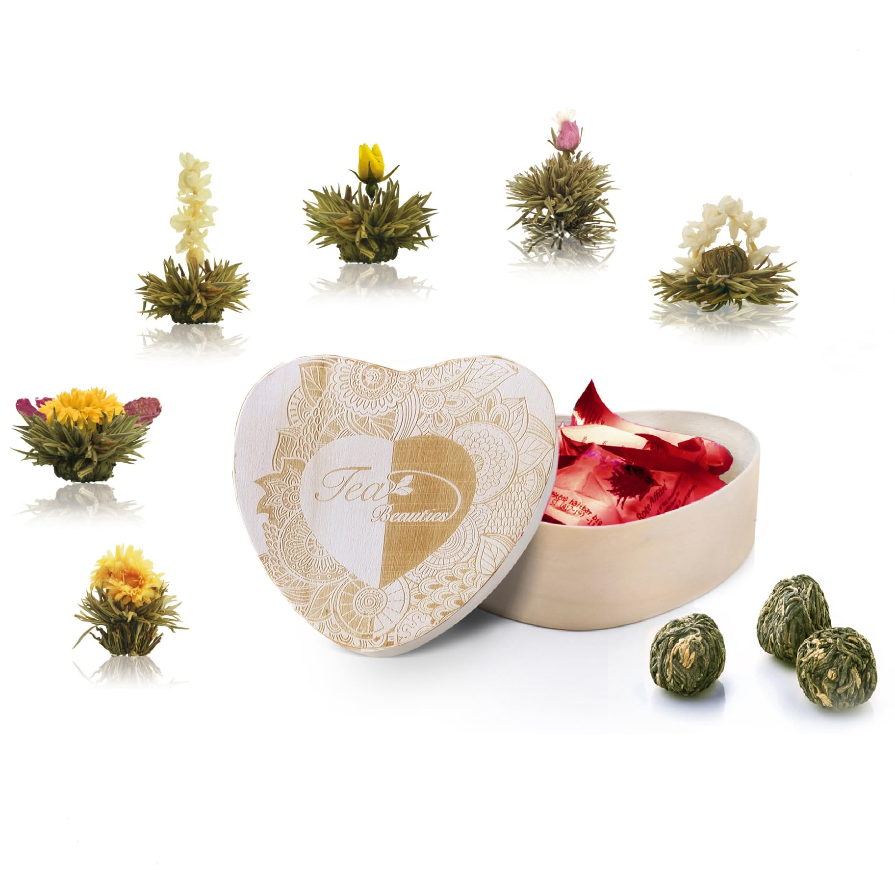 Creano Fleur de Thé – Coffret en Bois en Forme de Cœur – 6 Fleurs de Thé blanc – Idée cadeau élégante – Idée cadeau pour la Saint-Valentin et la fête des Mères – Thé en Fleurs