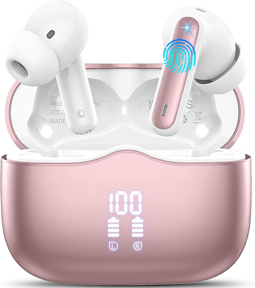 Wireless Earbuds, 2026 Bluetooth 5.4 Headphones in Ear with HiFi Stereo, Bluetooth Earphones with 4 ENC Noise Cancelling Mic, 40H Playtime, LED Display, IP7 Waterproof Bluetooth Earbuds, USB-C, Rose