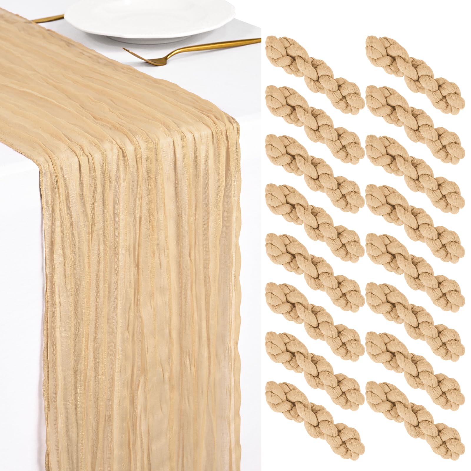 Showgeous 16 Pack Nude Cheesecloth Table Runner 45x275cm Boho Gauze Cheese Cloth Table Runners Romantic Rustic Sheer Table Decorations for Wedding Party Baby Shower Birthday Holiday Home