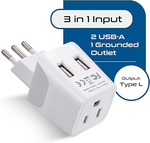 Miniatura 4 de Ceptics Juego de 2 adaptadores de viaje para Italia, Europa, con 2 entradas USB + enchufe de EE. UU., tipo L y tipo C, ultra compacto, conexión a