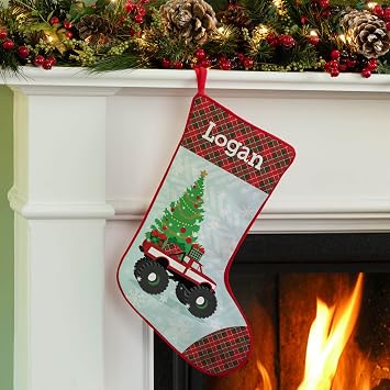 Personalized Planet Monster Truck Christmas Stocking with Custom Name Printed | Red Trim | Fun Festive Christmas Home Decor | Ready to Hang