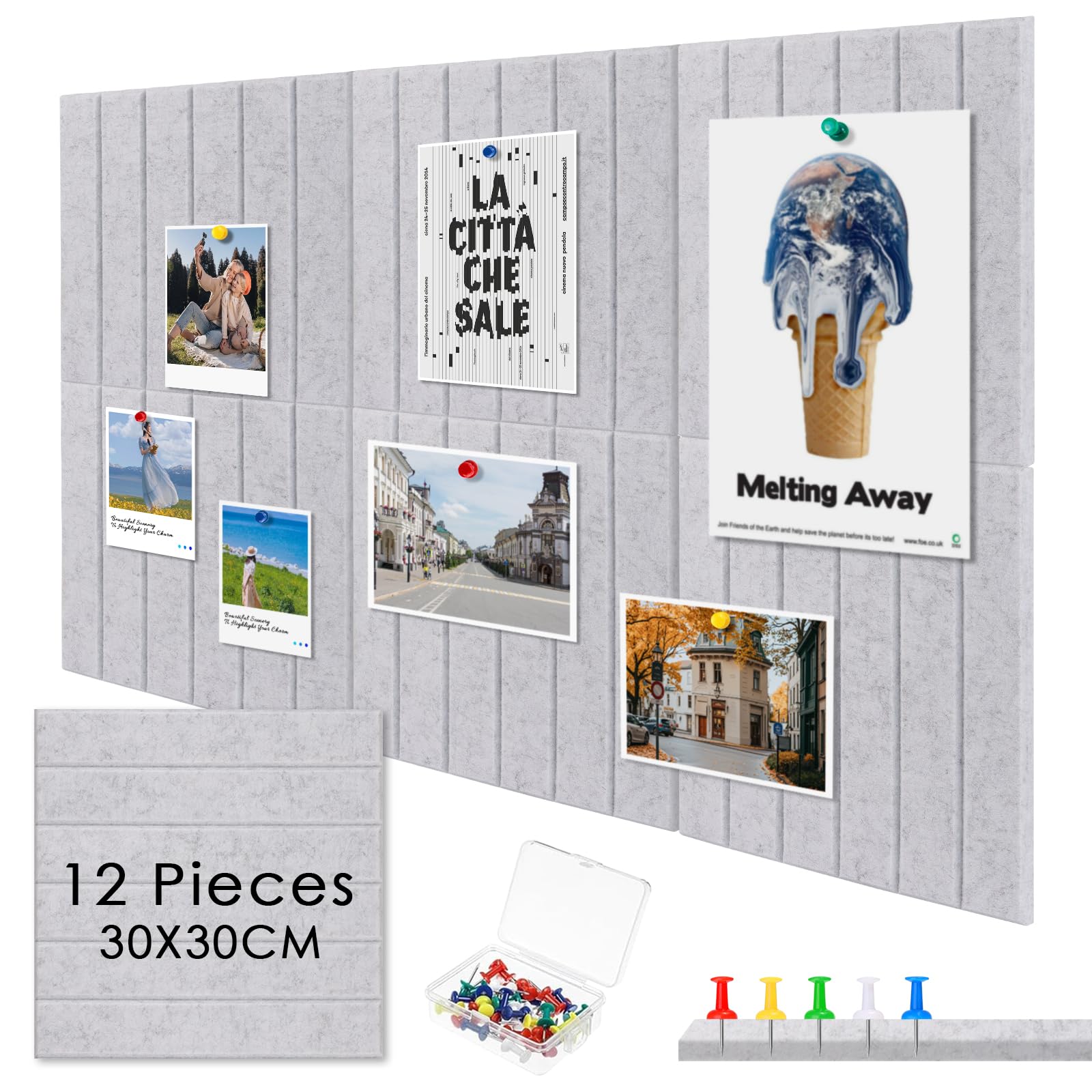 rokeblau Groot prikbord, decoratief vilten bord, 0,9 cm dik, opvouwbaar displaybord met zelfklevende tape voor foto's, vision board voor school, thuis, keuken, kantoormuur, zilvergrijs, 60 x 40 cm